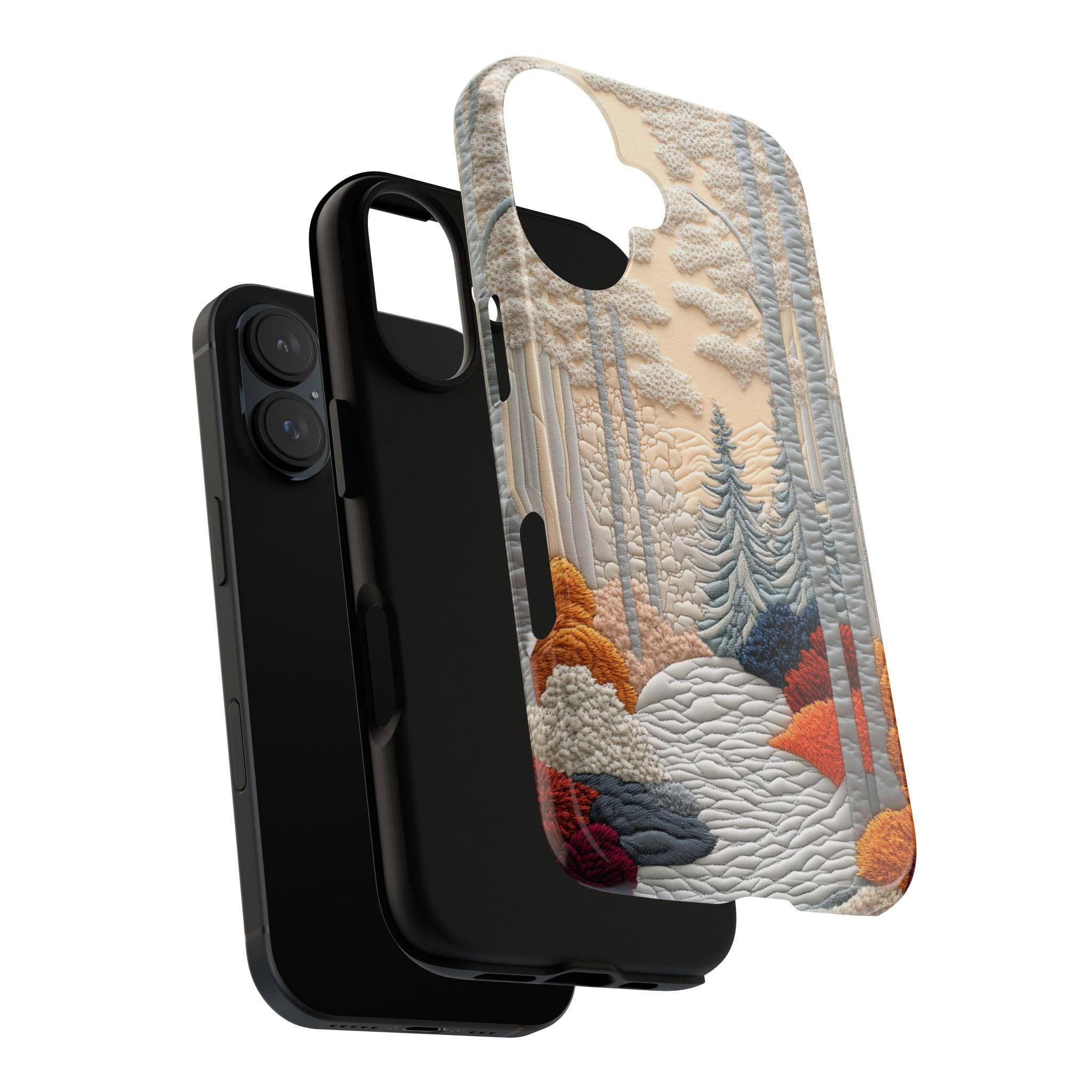 3D Embroidered Look Phone Case with Raised Forest and Winter Landscape Design, Textured Nature Scene Cover for iPhone, Samsung, 453.12