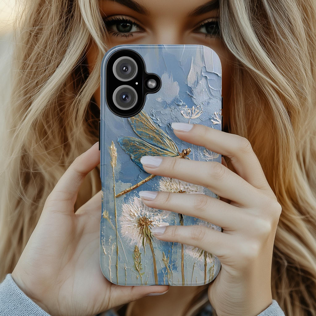 Dragonfly and Dandelion Phone Case with Oil Painting Effect, Nature Artistic Botanical Cover for iPhone Tough or Magsafe, Samsung, 476.25