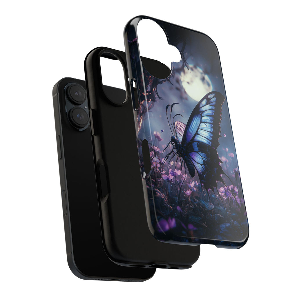 Gothic Butterfly Phone Case, Pink Flowers & Moon Design, Dark Fantasy Mystic Art Phone Cover for iPhone 16, Samsung S25, Pixel 9, 463.8