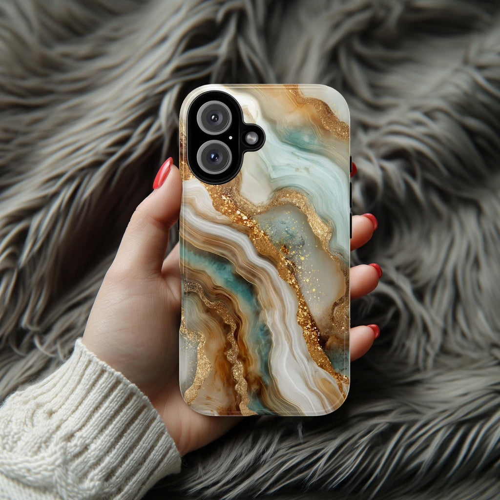 3D Marble Agate Phone Case, Luxury Gold & Mint Stone Cover, Stylish Gemstone Design for iPhone 17 16 15 Tough or Magsafe, Samsung, 479.10