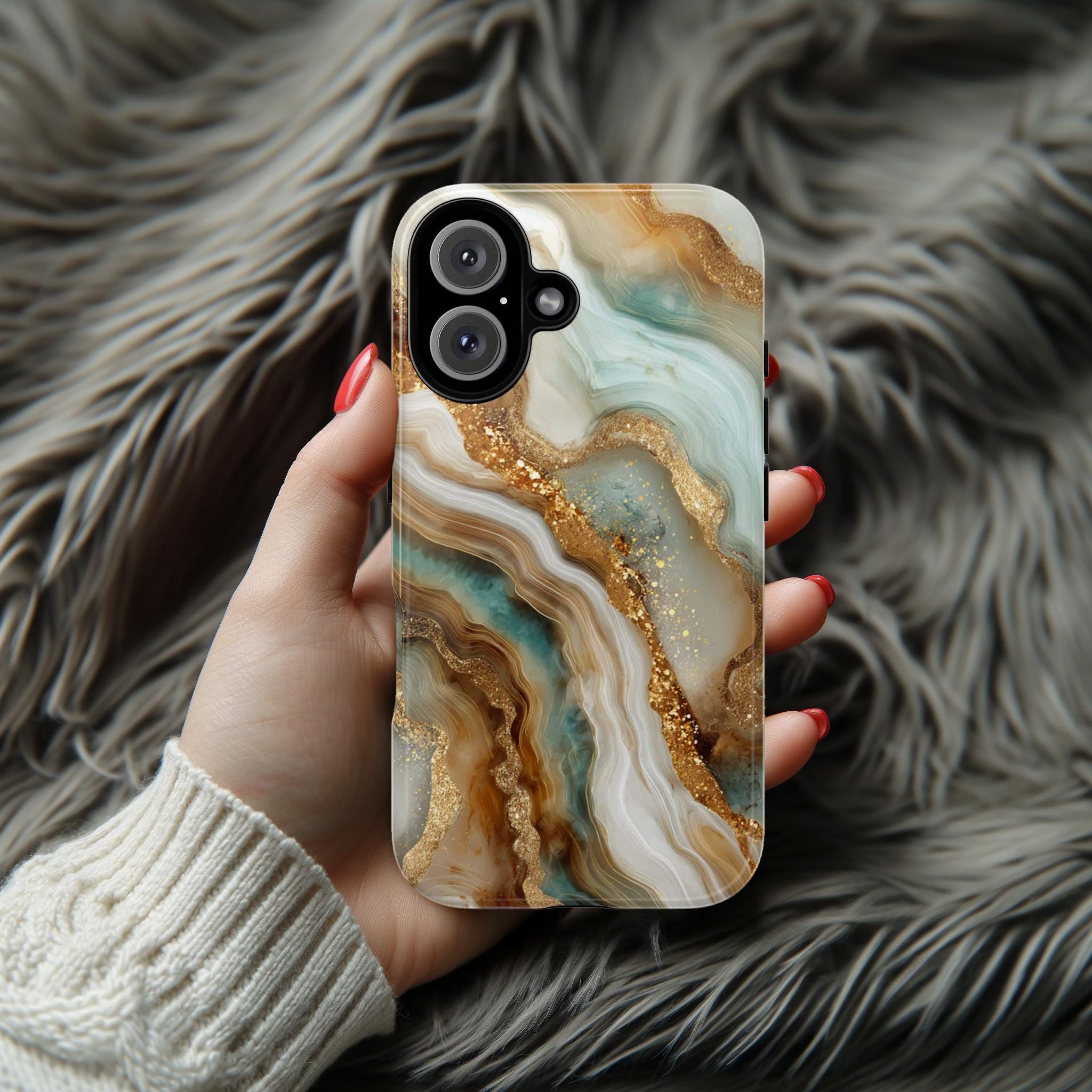 3D Marble Agate Phone Case, Luxury Gold & Mint Stone Cover, Stylish Gemstone Design for iPhone 17 16 15 Tough or Magsafe, Samsung, 479.10