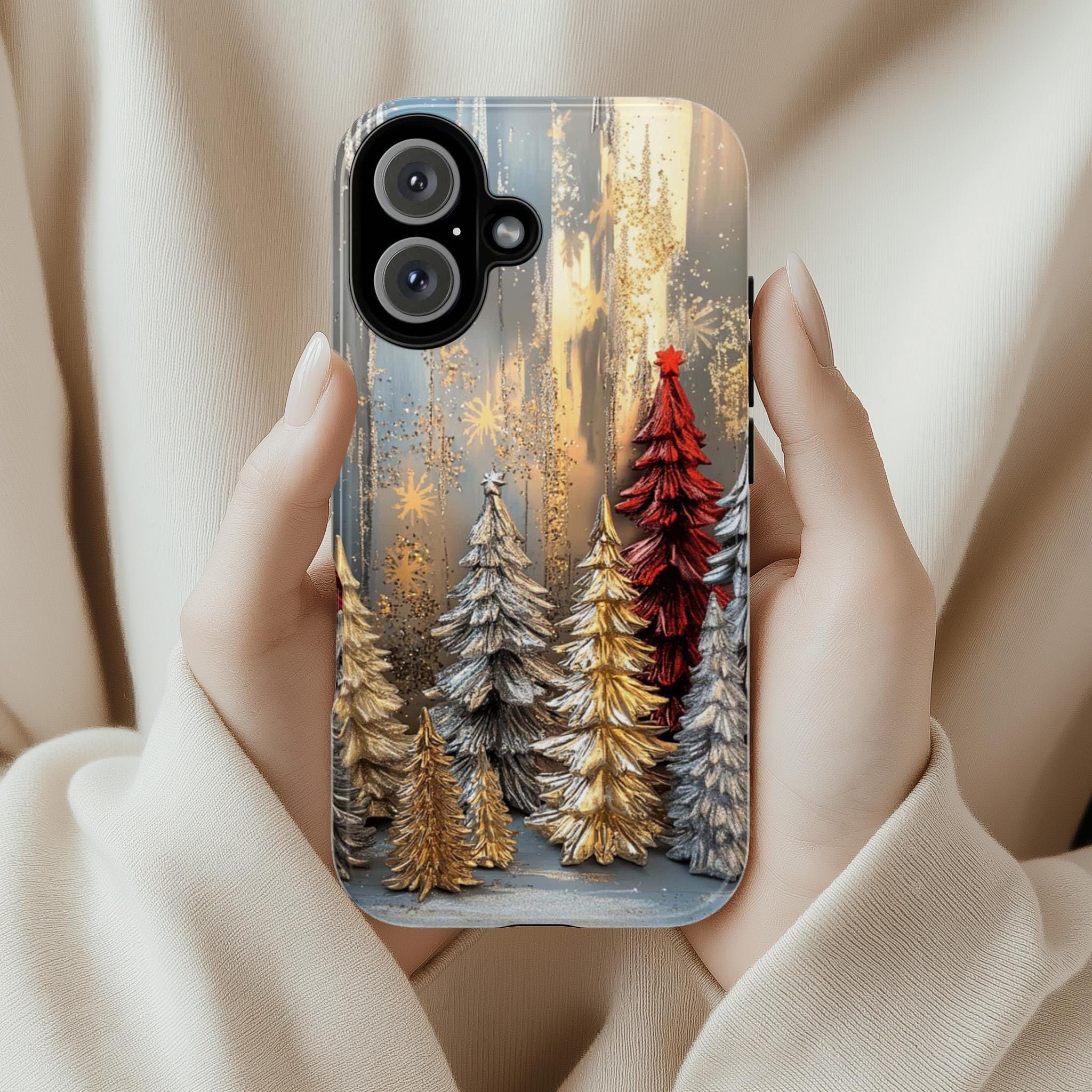 Cozy Christmas 3D Glitter effect Phone Case, Gold Silver Xmas Pine Tree MagSafe for iPhone 16 15 14 13 Pro Max Plus, Samsung S25, 437.1