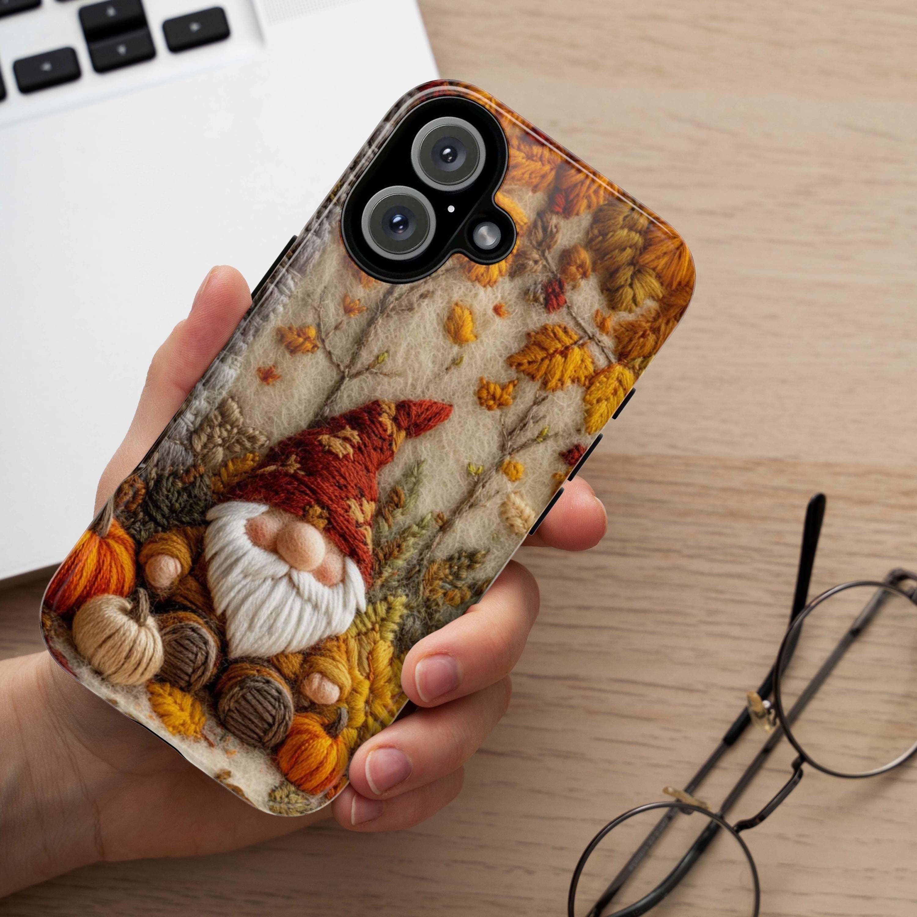 Fall Gnome Embroidery MagSafe Phone Case, Cozy Autumn Design with Fall Leaves and Pumpkins Case iPhone 16 15 14 13 12 / Samsung S24, 452.2