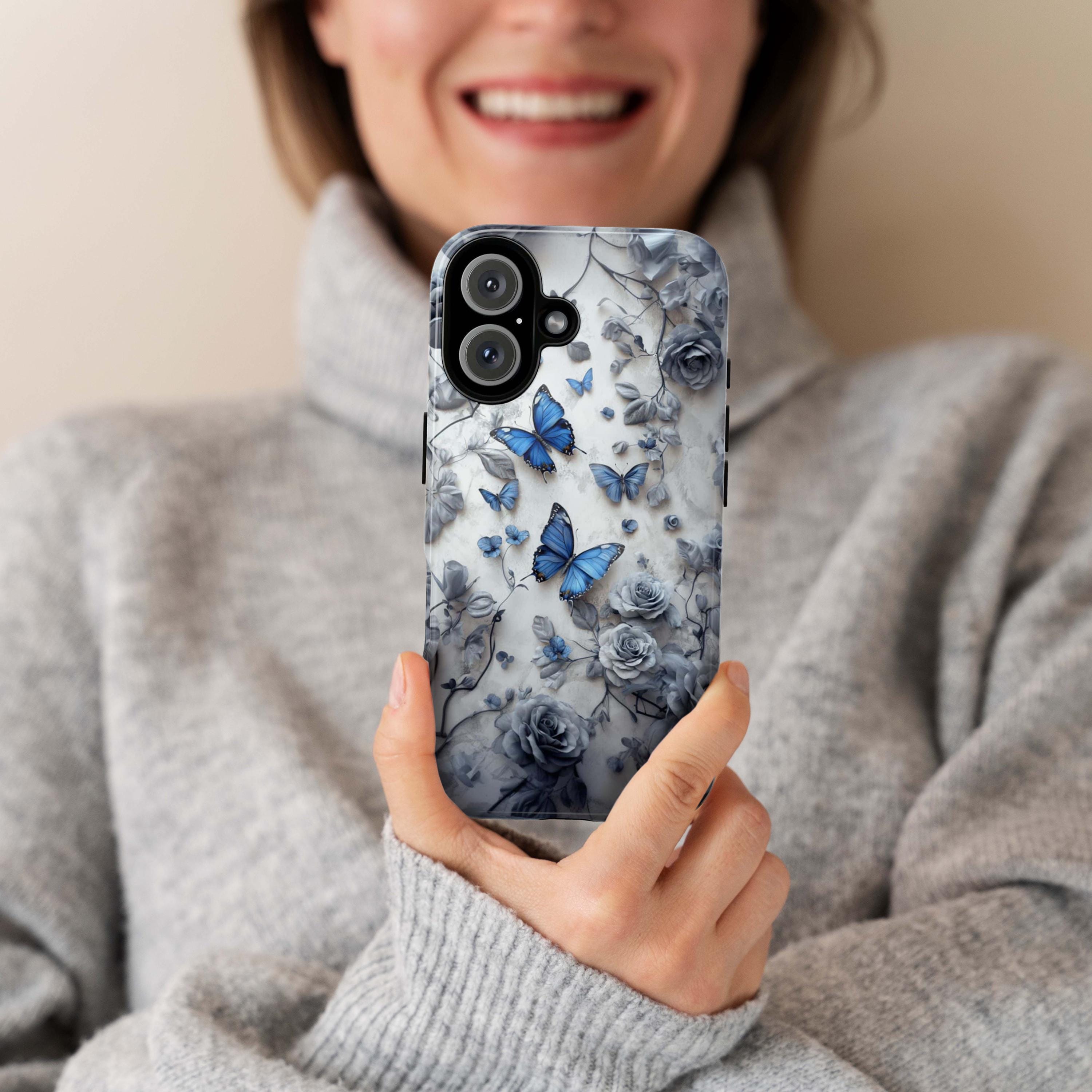 3D Blue Butterflies and Gray Rose Phone Case, Art Floral Butterfly Phone Cover for iPhone 16, 15, 14, 13 Magsafe & Samsung, Pixel, 422.10