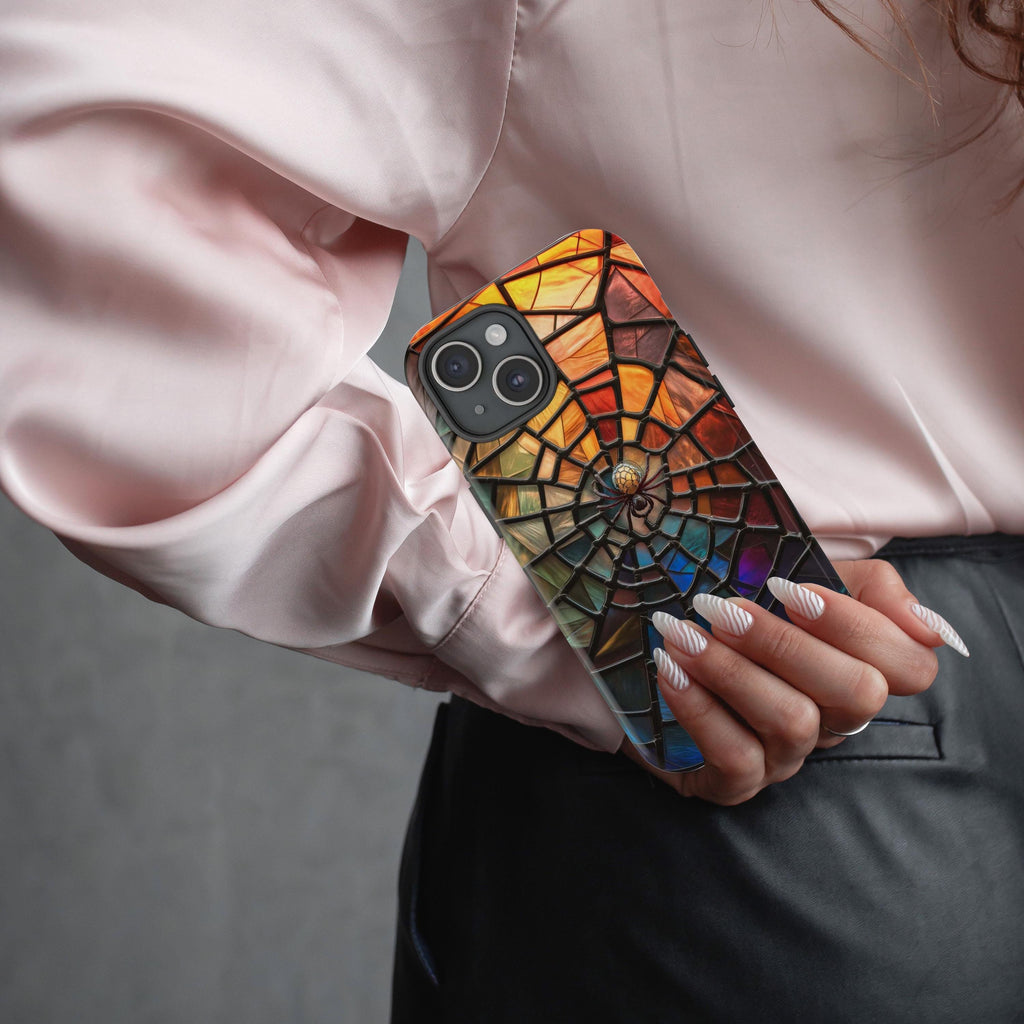 Halloween Phone Case Spiderweb Faux Stained Glass Spooky Cobweb Phone Cover for iPhone 16 15 14 13 12 Pro Max Plus/Samsung Galaxy, Best Gift