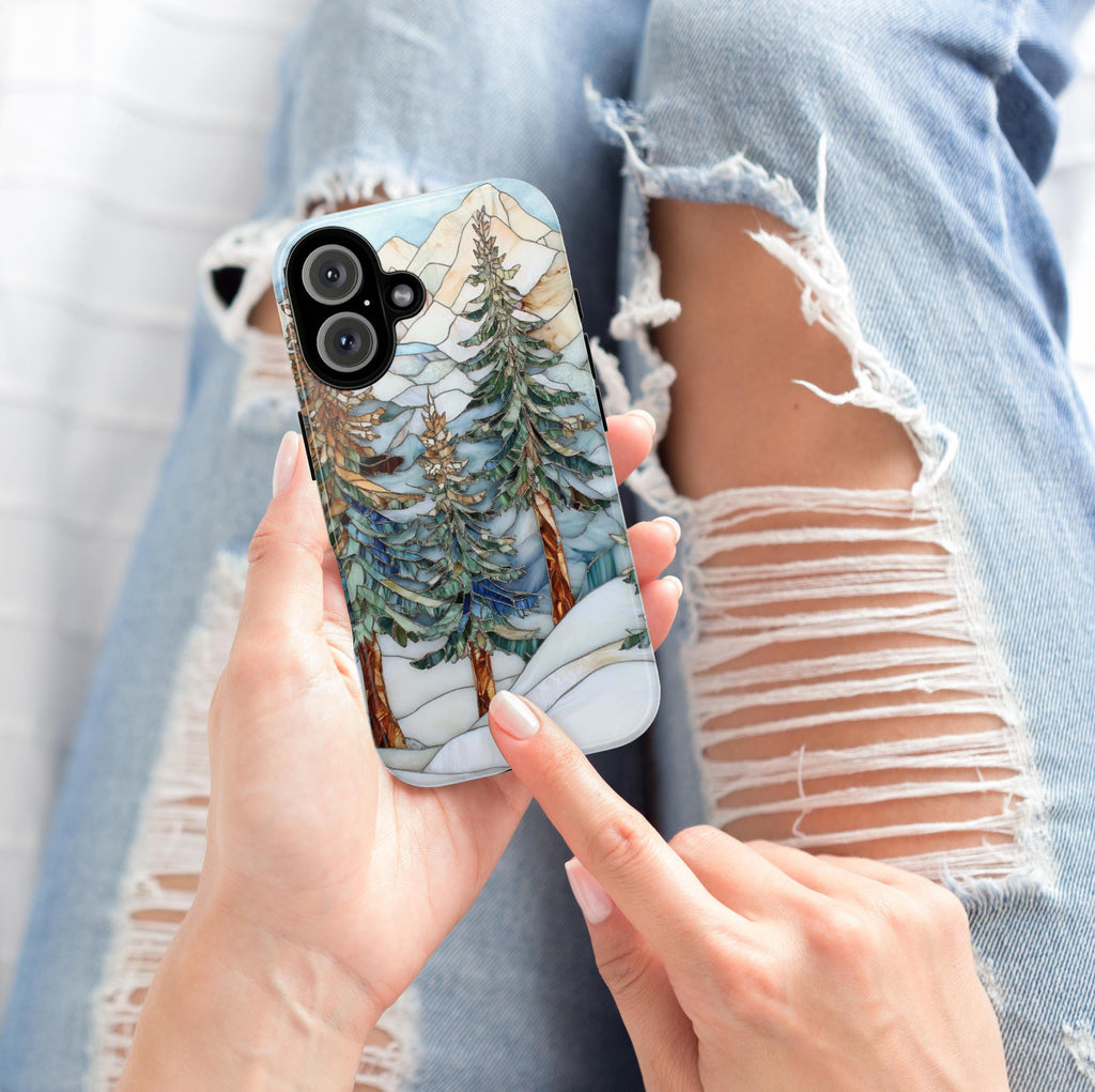 Winter Landscape Pine Trees Stained Glass Effect Phone Case, Xmas Phone Cover for iPhone 16 15 14 13 Pro Max Plus Magsafe, Galaxy S25, 420.2