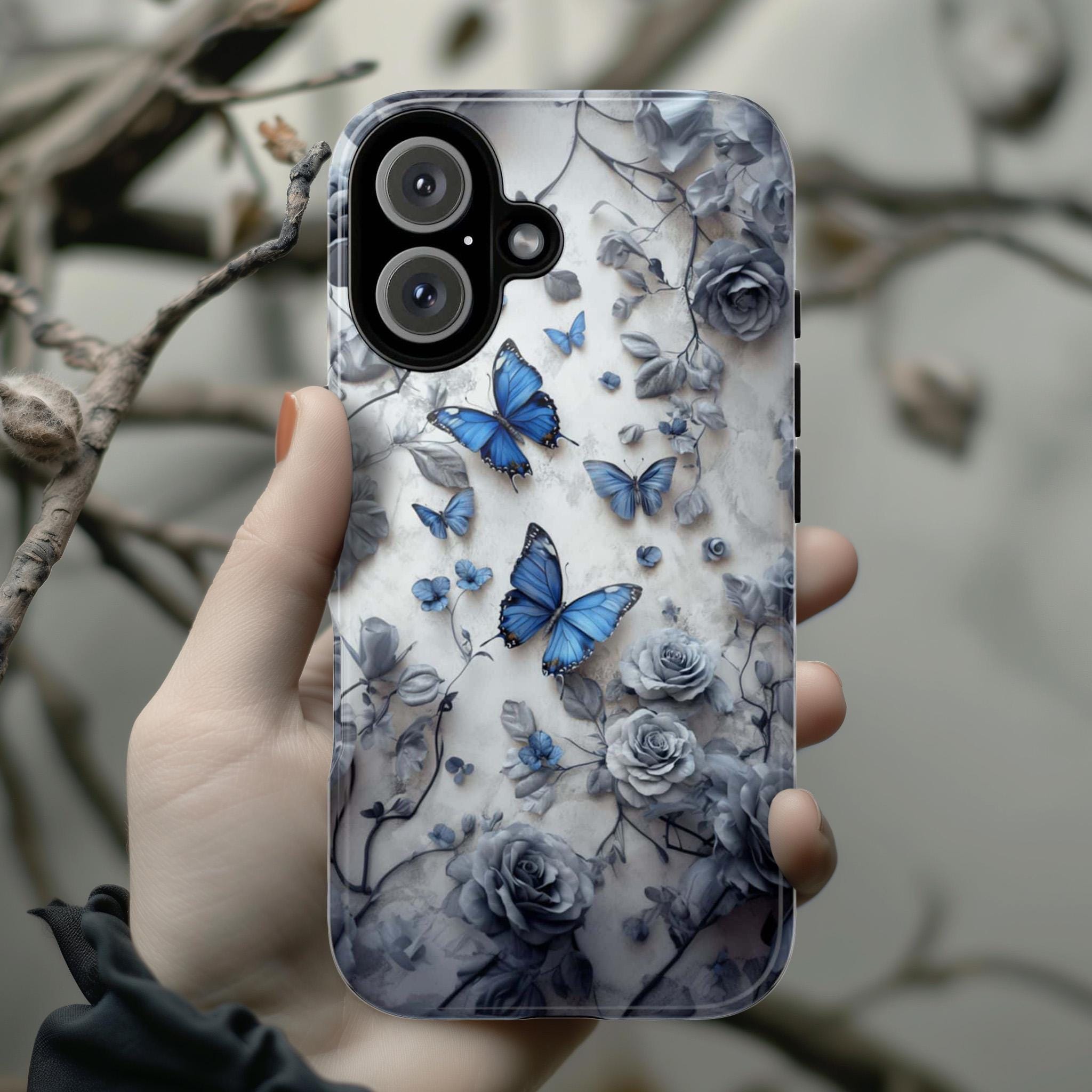 3D Blue Butterflies and Gray Rose Phone Case, Art Floral Butterfly Phone Cover for iPhone 16, 15, 14, 13 Magsafe & Samsung, Pixel, 422.10