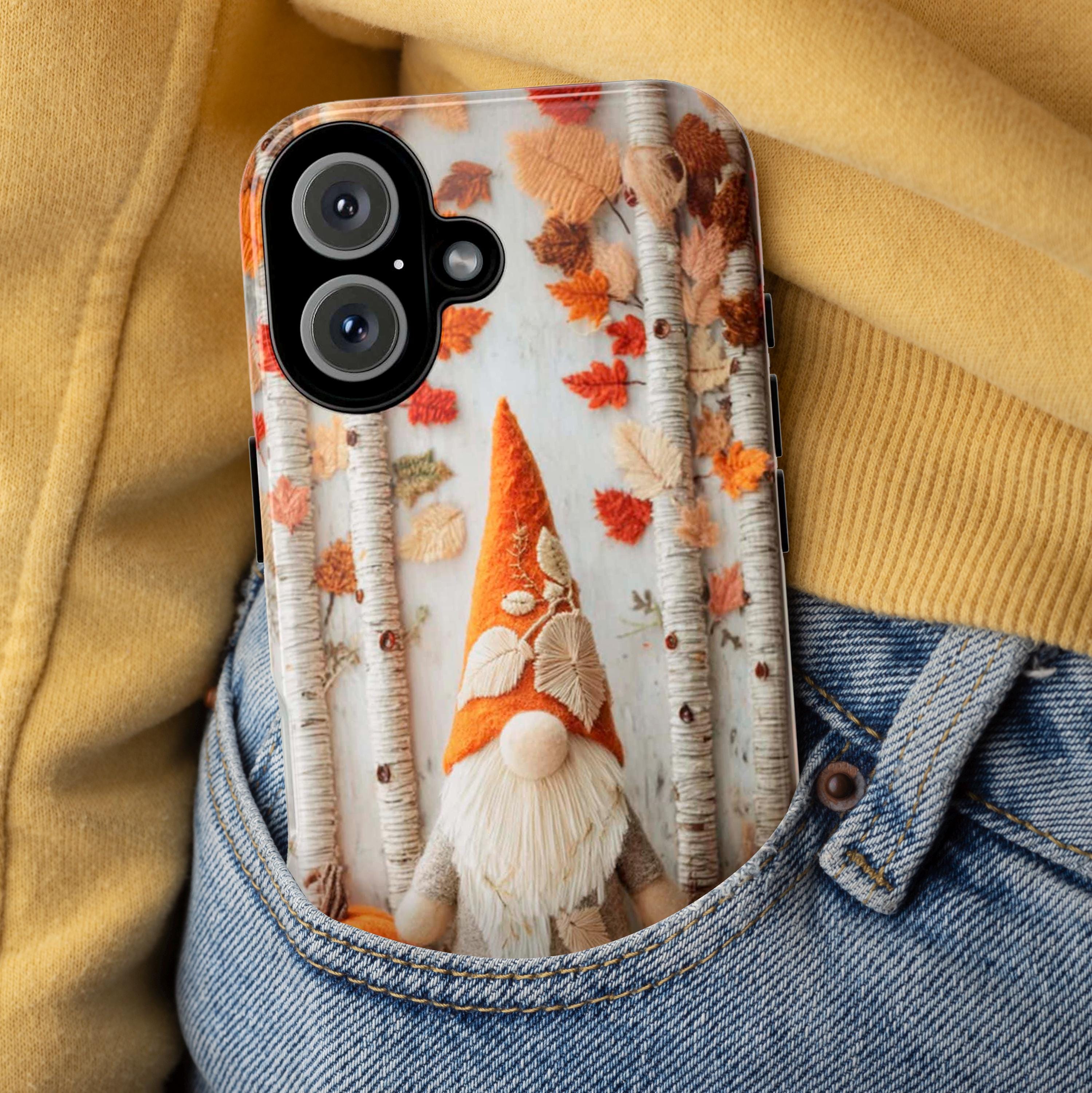 Cute Autumn Gnome Phone Case, Fall Forest White Birch Trees & Pumpkins Cover for iPhone 16 15 Tough or Magsafe, Samsung, 452.22