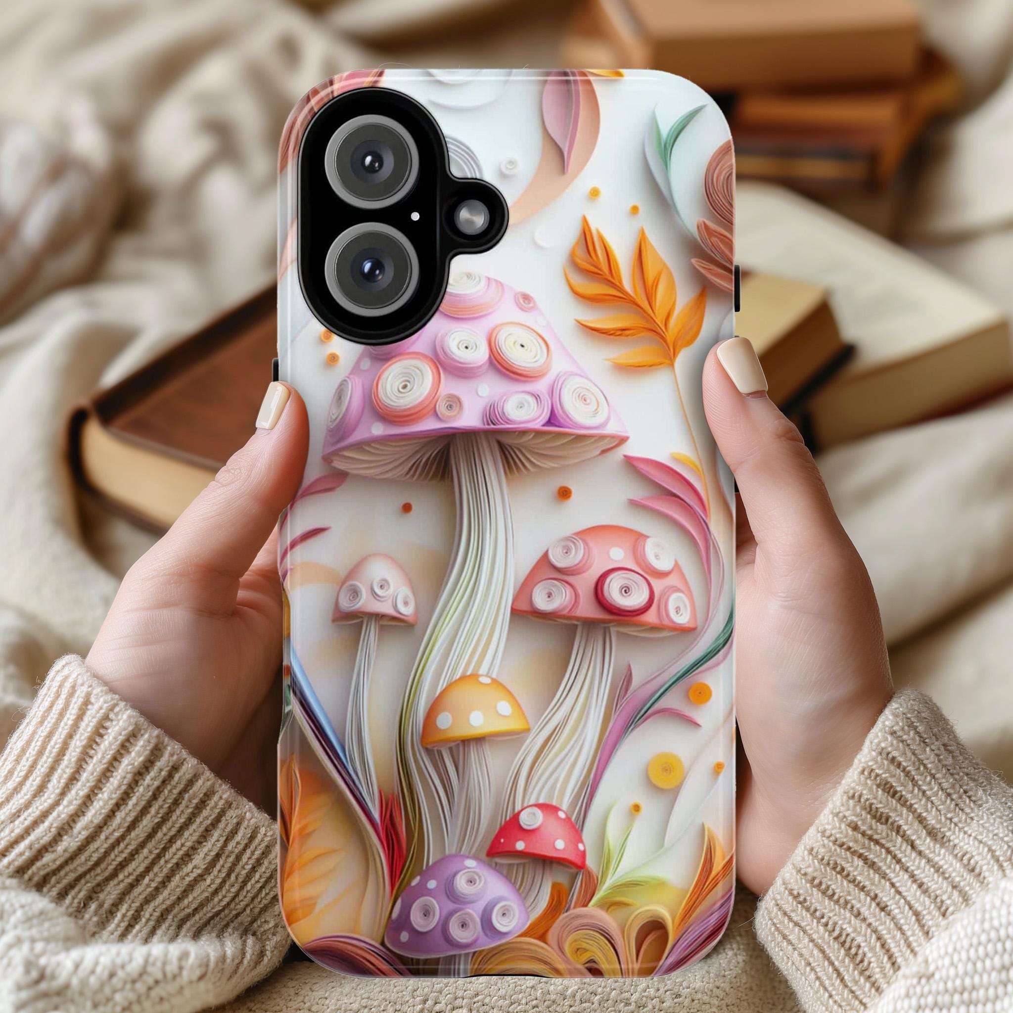 3D Paper Art Mushroom Phone Case with Colorful Botanical Design, Mushroom and Plant Lovers Case for iPhone Tough or MagSafe, Samsung, 470.10