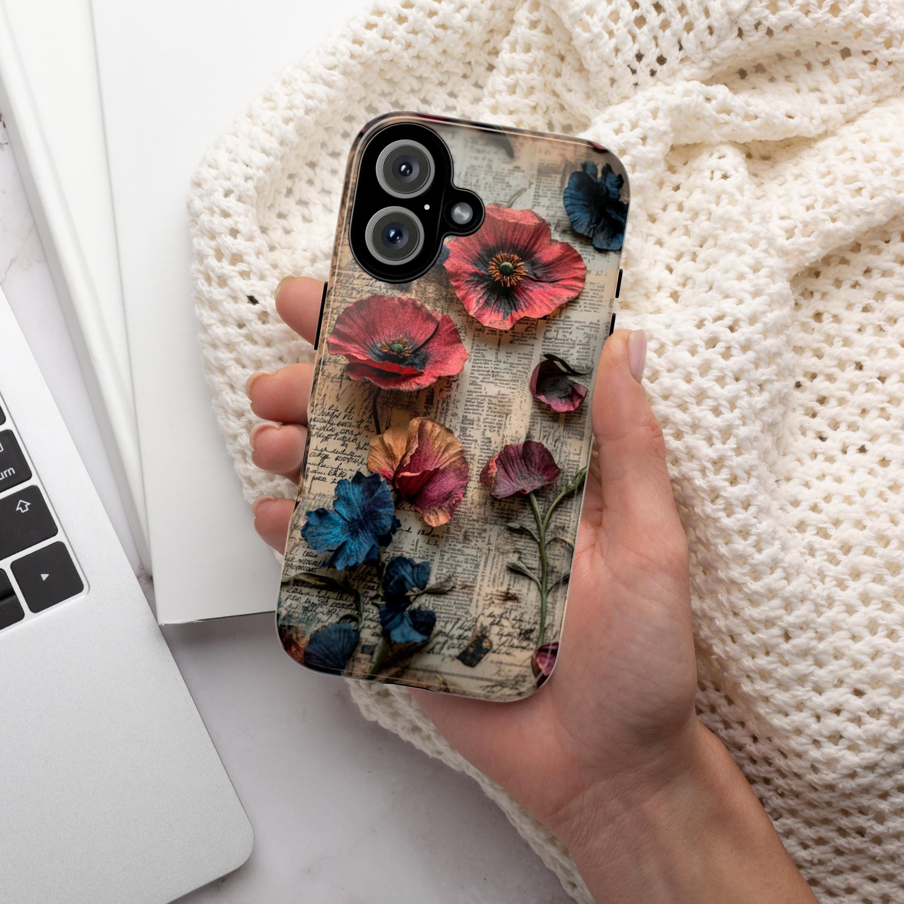 Botanical Floral Phone Case with Rustic Newspaper Design, Romantic Vintage Flower Cover for iPhone 16 15 Tough or Magsafe, Samsung, 476.4