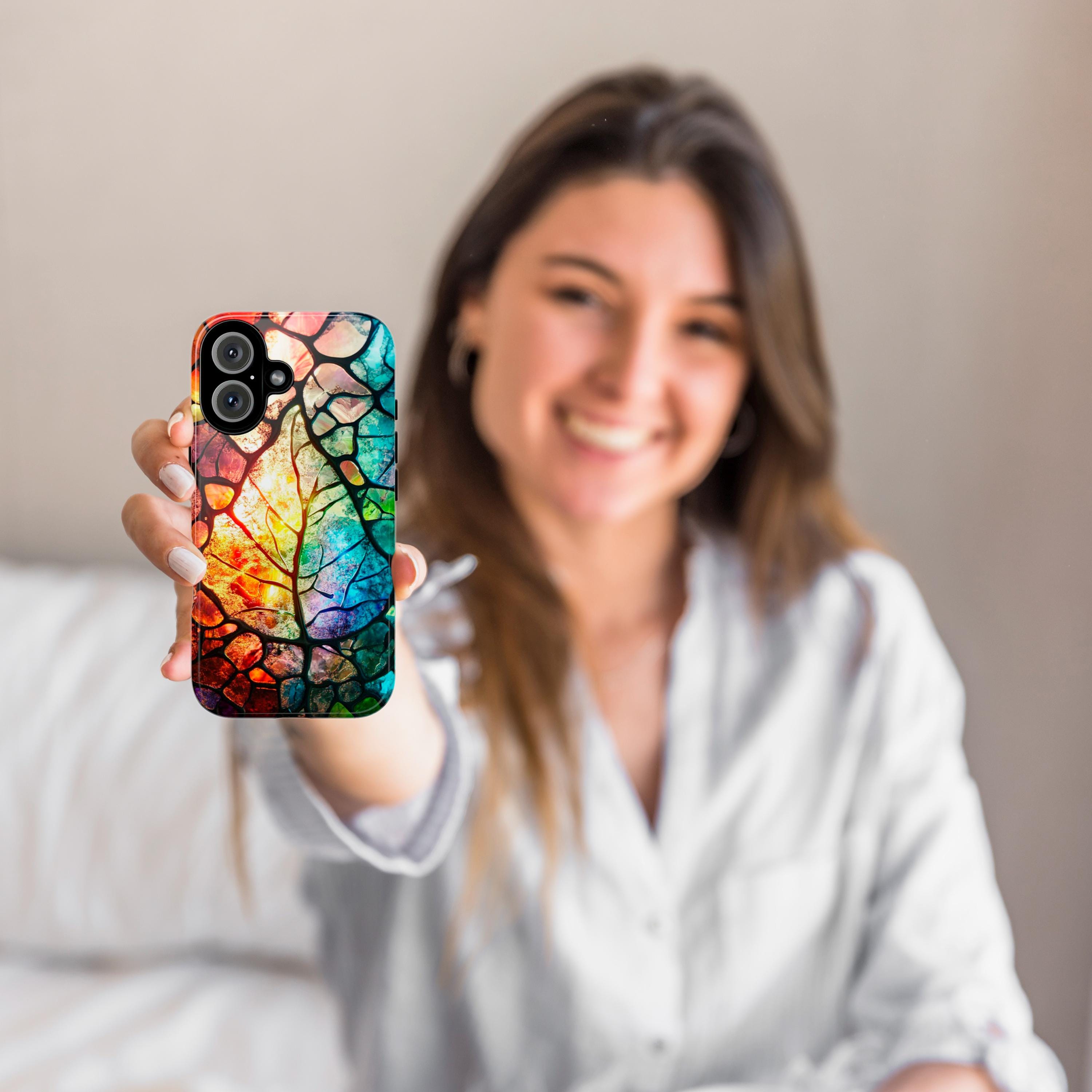 Stained Glass Rainbow Leaf Phone Case, Artistic Colorful Leaf Cover for iPhone iPhone 16, 15, 14, 13 Magsafe & Samsung, Pixel, 418.22
