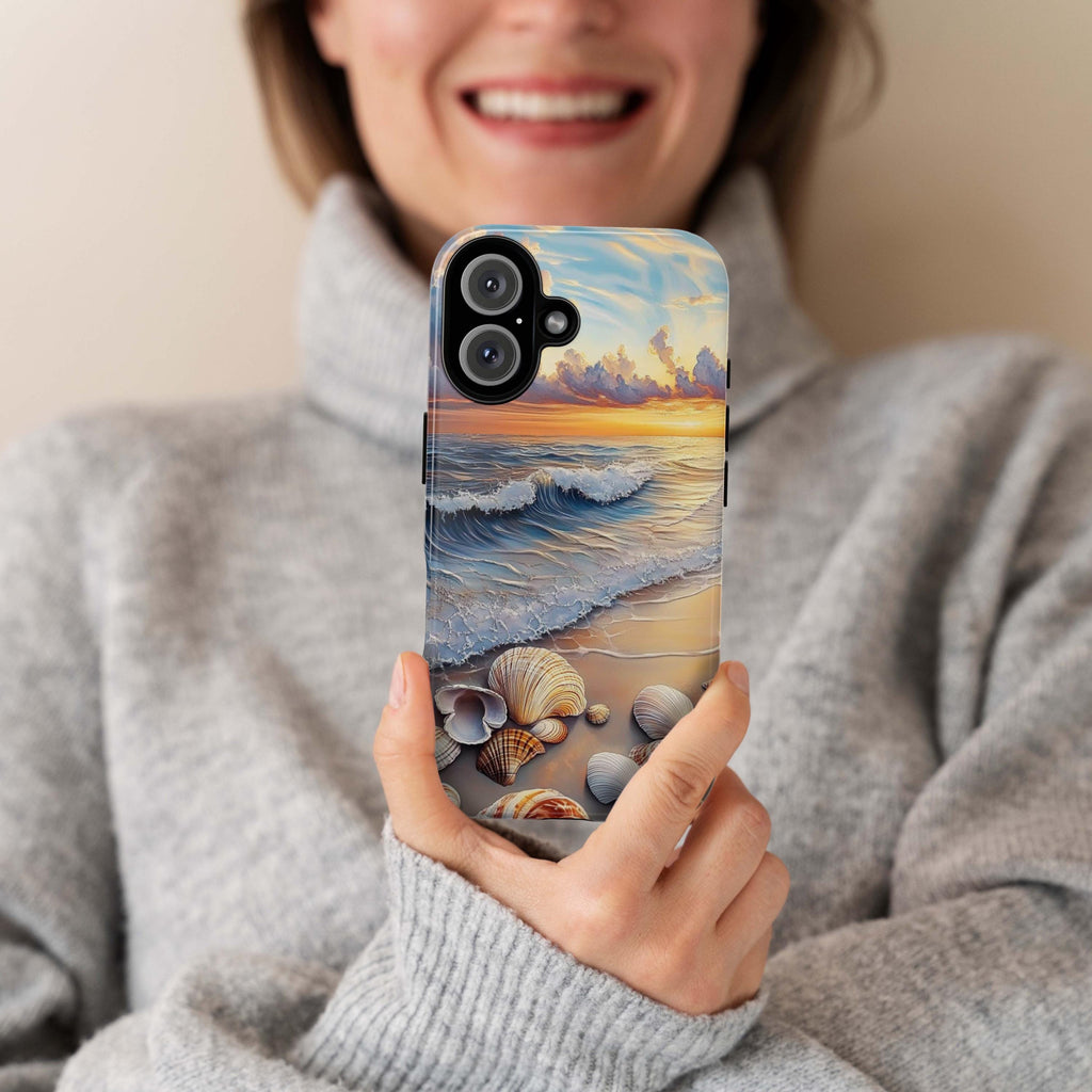 Ocean Sunset Seashell Wave Phone Cover, Coastal Beach Aesthetic Phone Case for iPhone 16, 15, 14, 13 Tough Magsafe, Samsung S25, 455.15