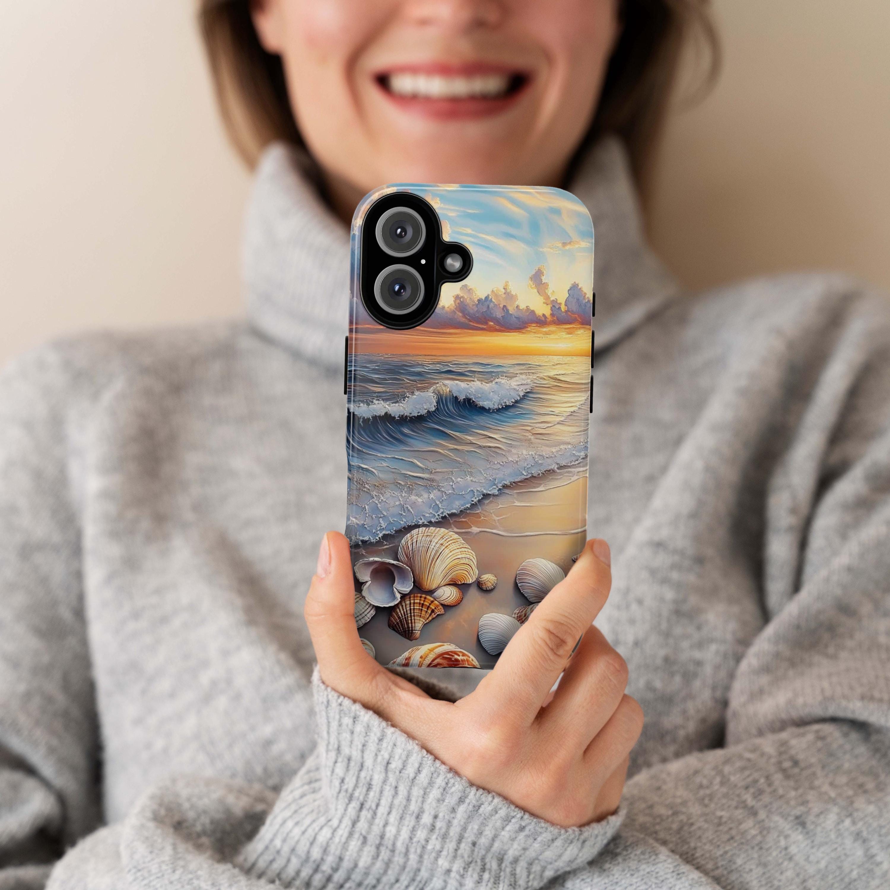 Ocean Sunset Seashell Wave Phone Cover, Coastal Beach Aesthetic Phone Case for iPhone 16, 15, 14, 13 Tough Magsafe, Samsung S25, 455.15
