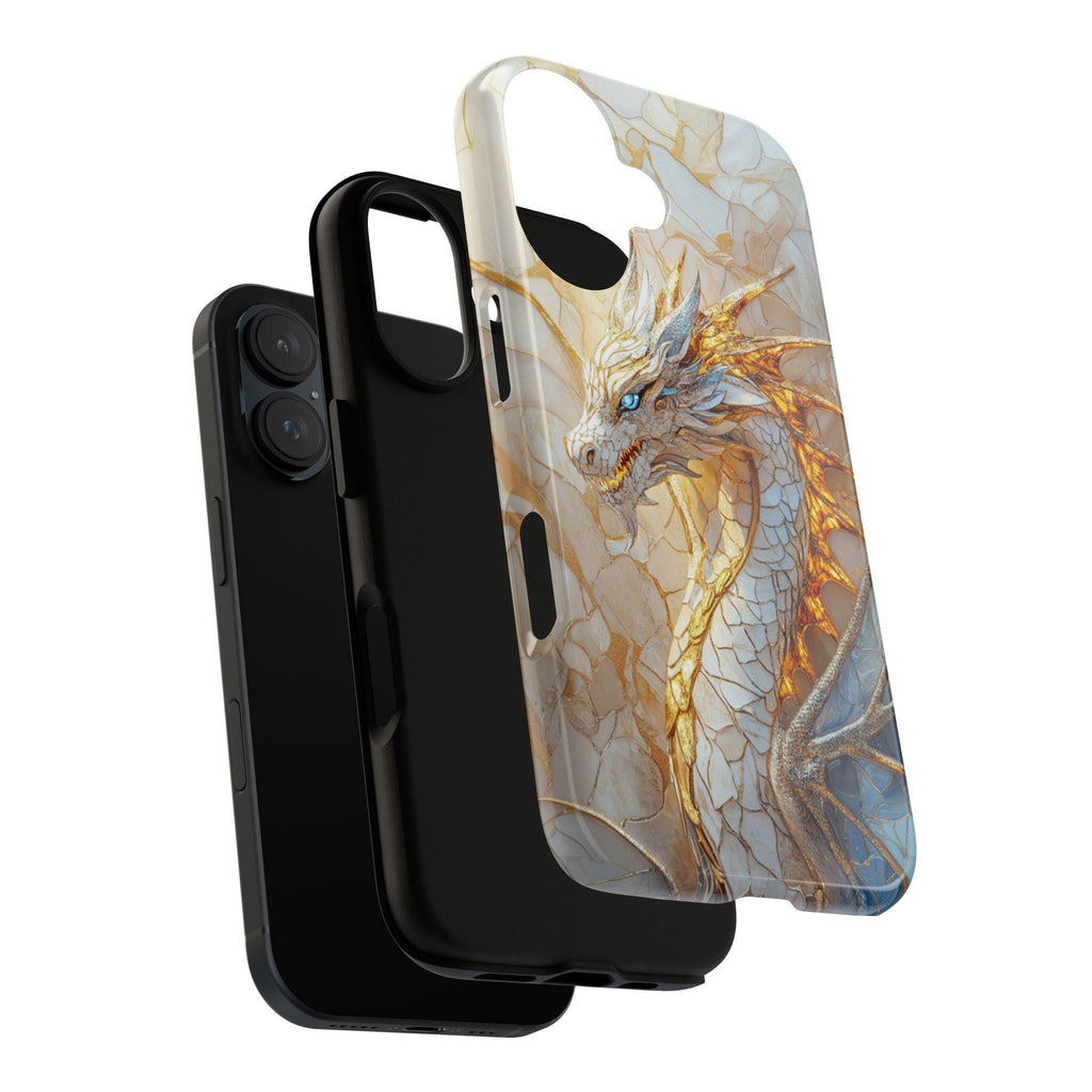 Fantasy White Dragon Stained Glass Phone Case, Gothic Mystical Mosaic Dragon Cover for iPhone 16, 15, Samsung Galaxy S24, 421.8