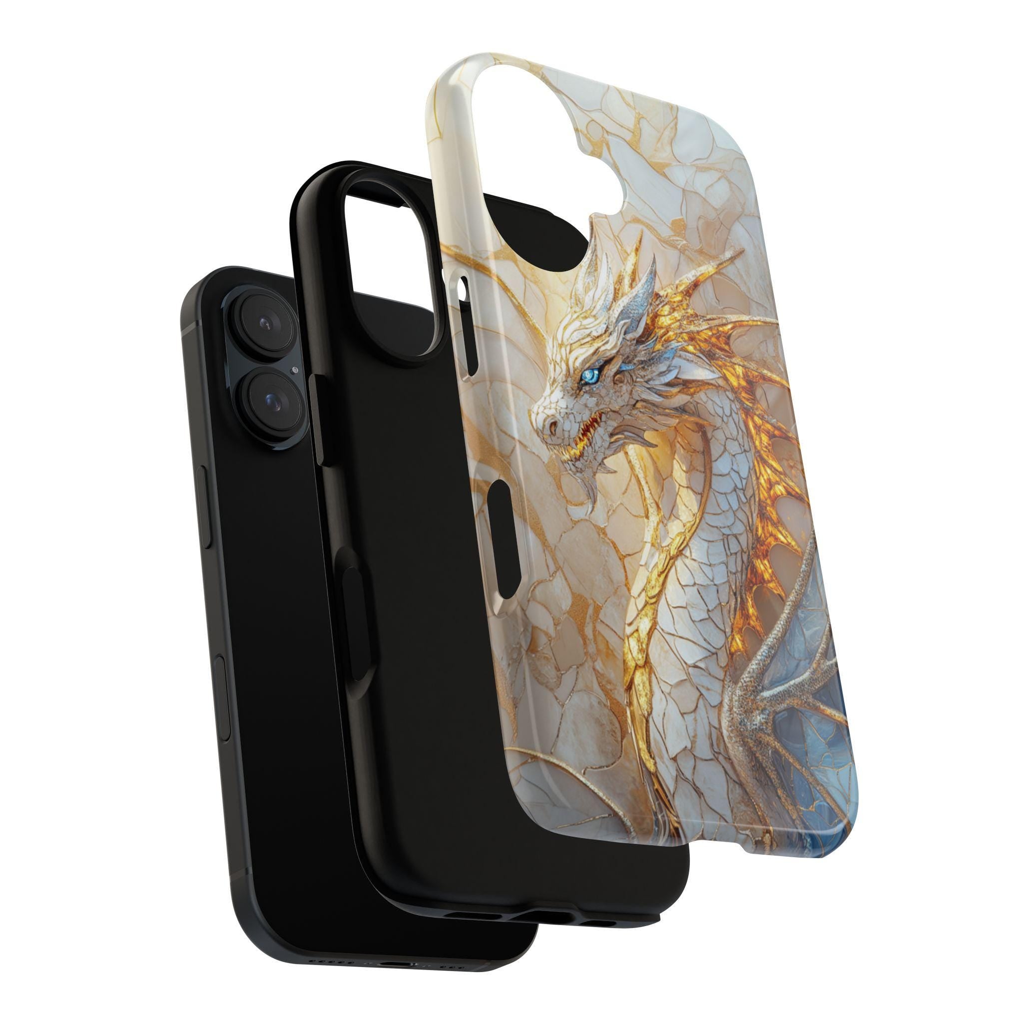 Fantasy White Dragon Stained Glass Phone Case, Gothic Mystical Mosaic Dragon Cover for iPhone 16, 15, Samsung Galaxy S24, 421.8
