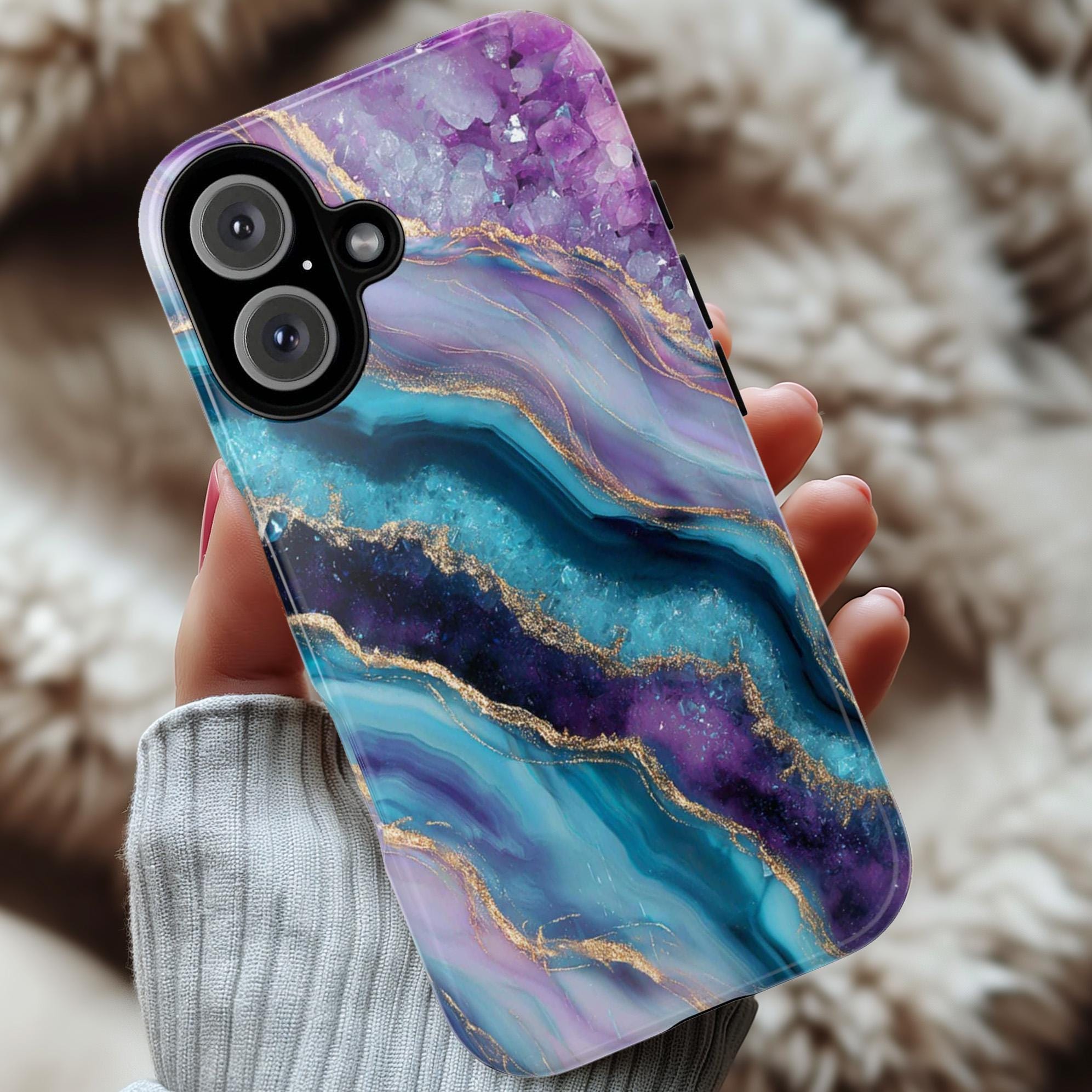 Crystal Wave Phone Case, Artistic Blue, Emerald & Pink Abstract Design Cover for iPhone 16 15 14 13 Tough or Magsafe, Samsung, 479.1