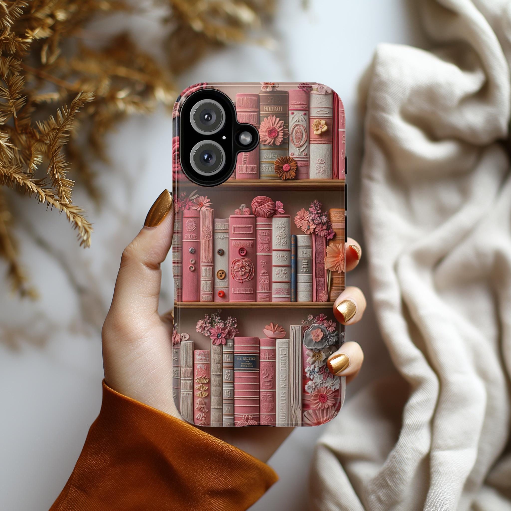 Vintage Pink Library Floral Phone Case, Book and Flowers Design, Bookworm Phone Case for iPhone 16 15 14 13 Magsafe, Samsung S25, 423.21