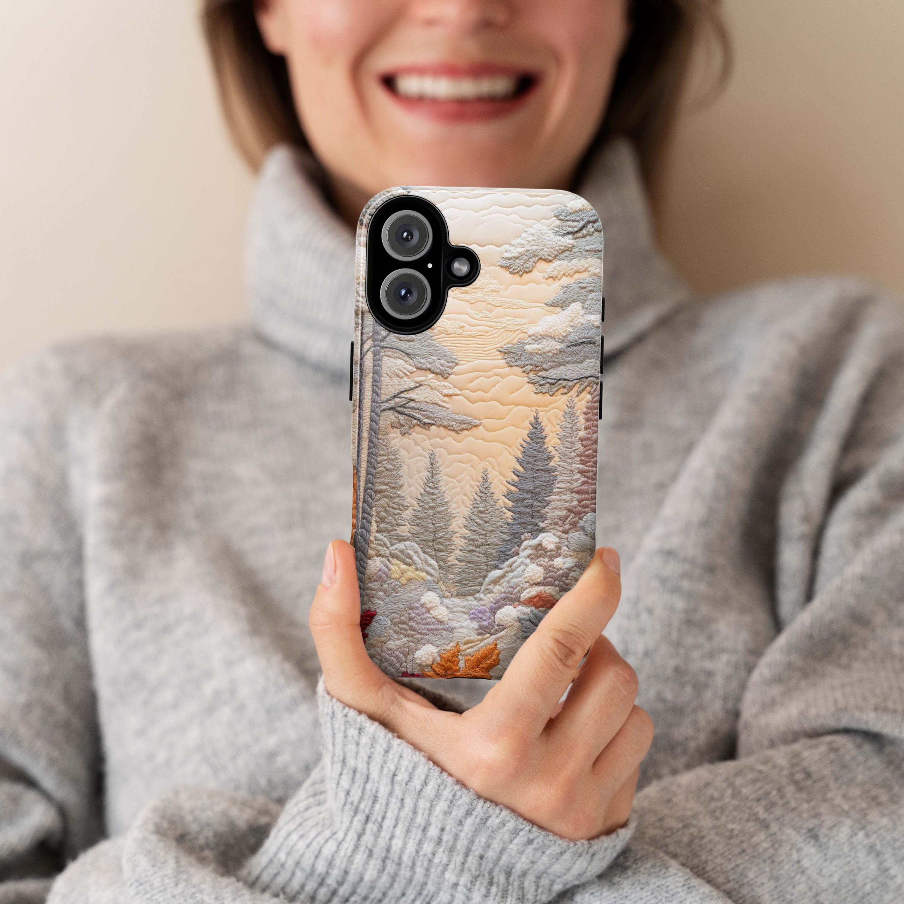 Winter Landscape Patchwork MagSafe Phone Case, Cozy Snowy Design with Winter Forest & Sunset Case for iPhone 16 15 14 13, Samsung S24, 453.8