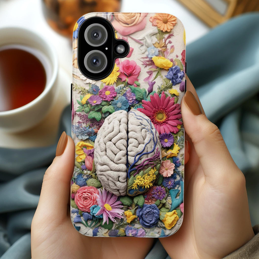 Pastel Anatomical Brain Phone Case, Botanical Meadow Florals | Medical Science Art Case for iPhone 17 16 Tough or Magsafe, Samsung, 430.5