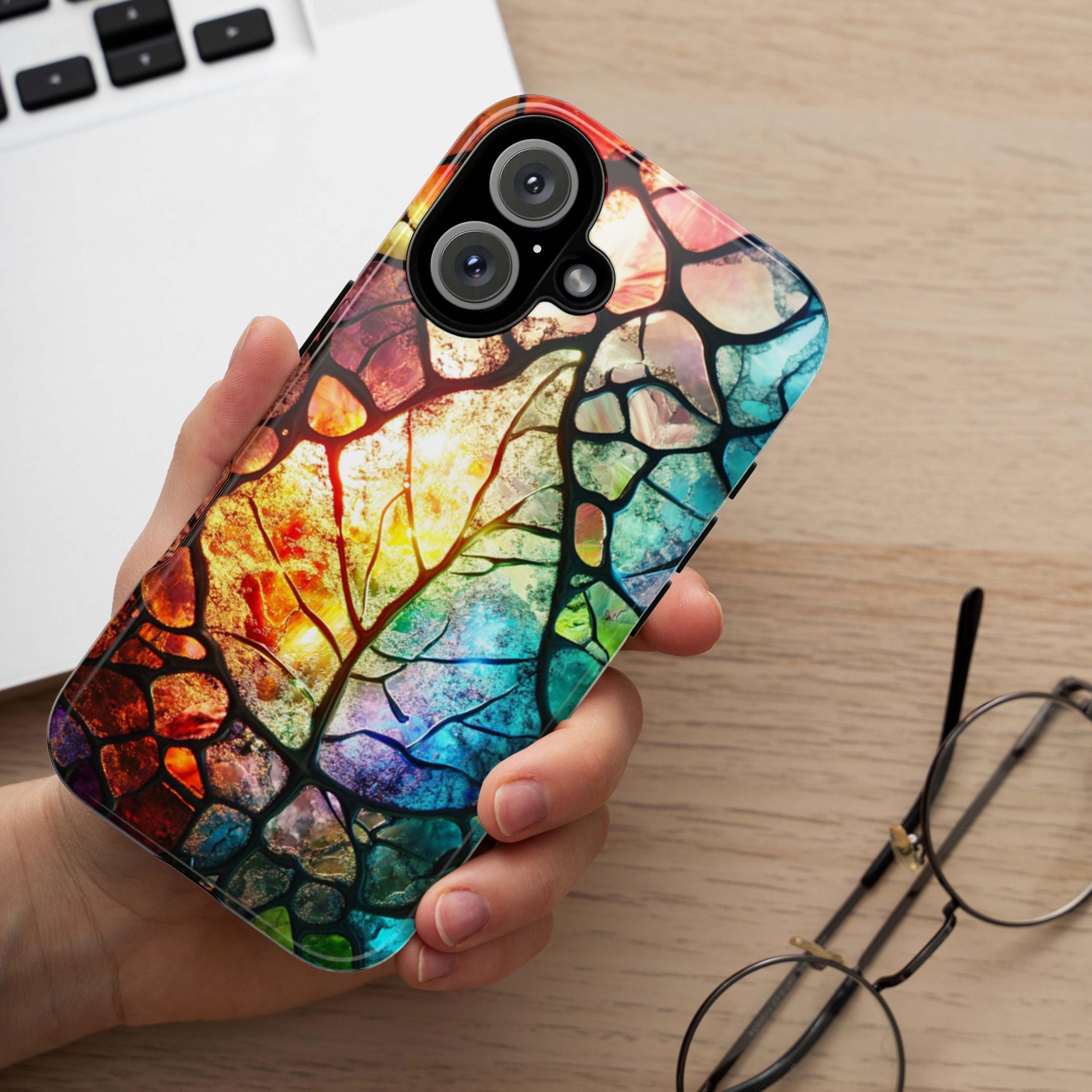 Stained Glass Rainbow Leaf Phone Case, Artistic Colorful Leaf Cover for iPhone iPhone 16, 15, 14, 13 Magsafe & Samsung, Pixel, 418.22