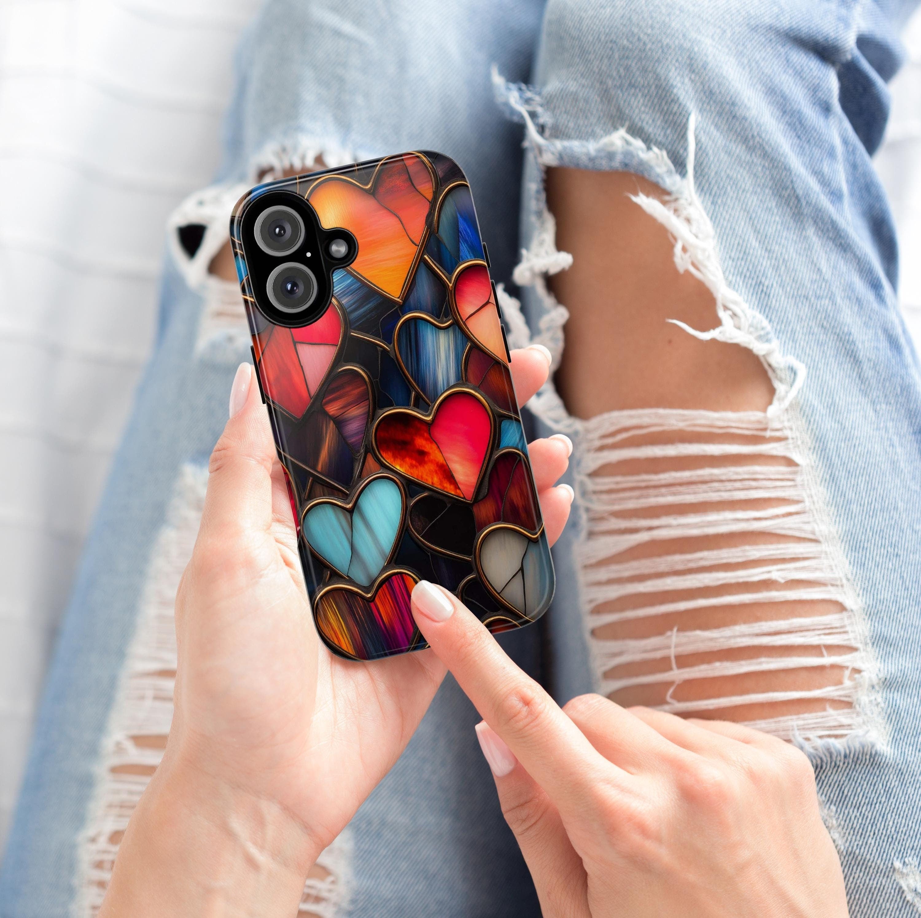 Stained Glass Hearts Phone Case, Valentines Day 3D Design, Perfect for Valentines Day Gift, Artistic Case for iPhone Magsafe, Samsung, 462.2