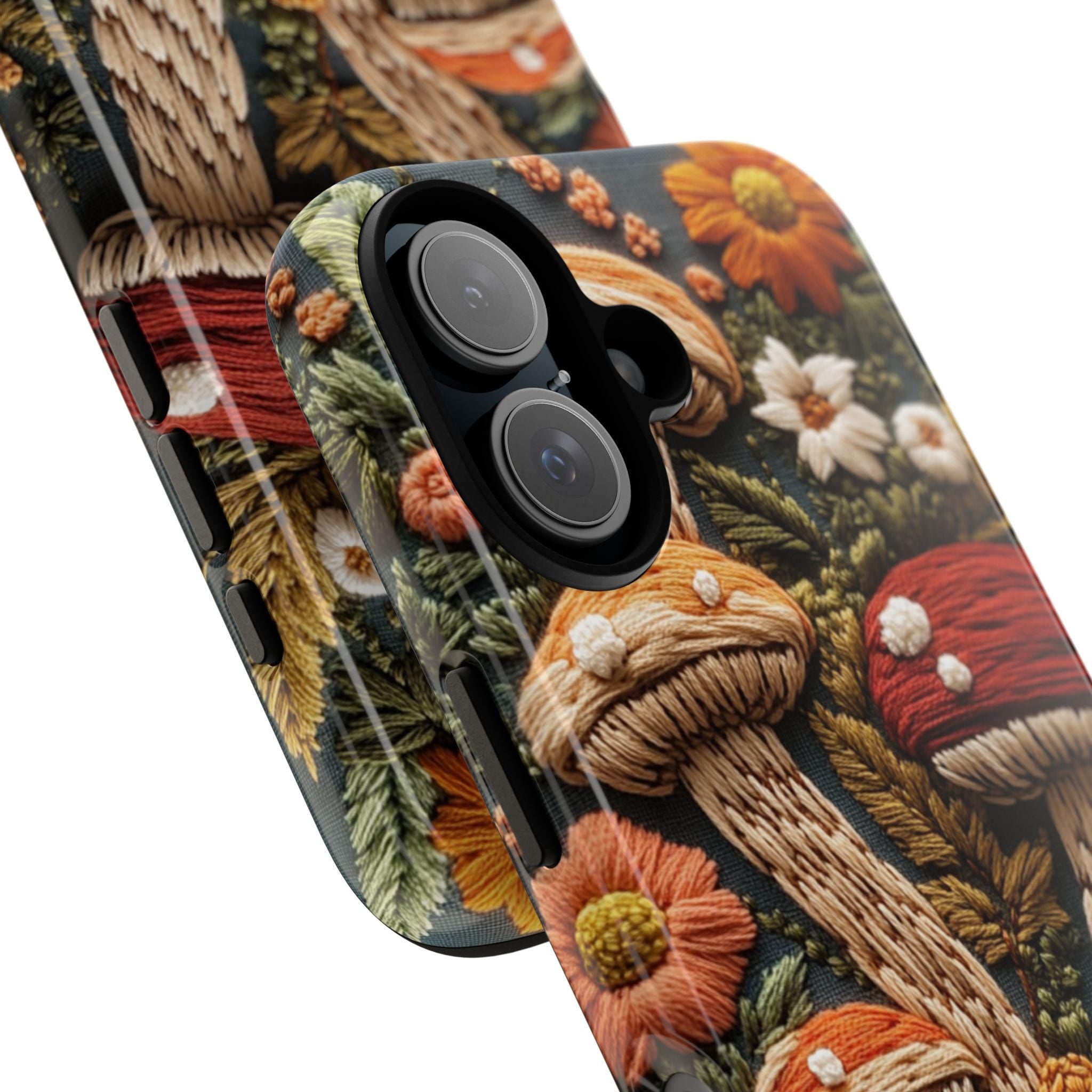 Embroidered Autumn Mushrooms Phone Case, Fall Forest MagSafe for iPhone 16 15 14 13 12 Pro Max Plus, Samsung S24 Ultra, Pixel 8, 453.4