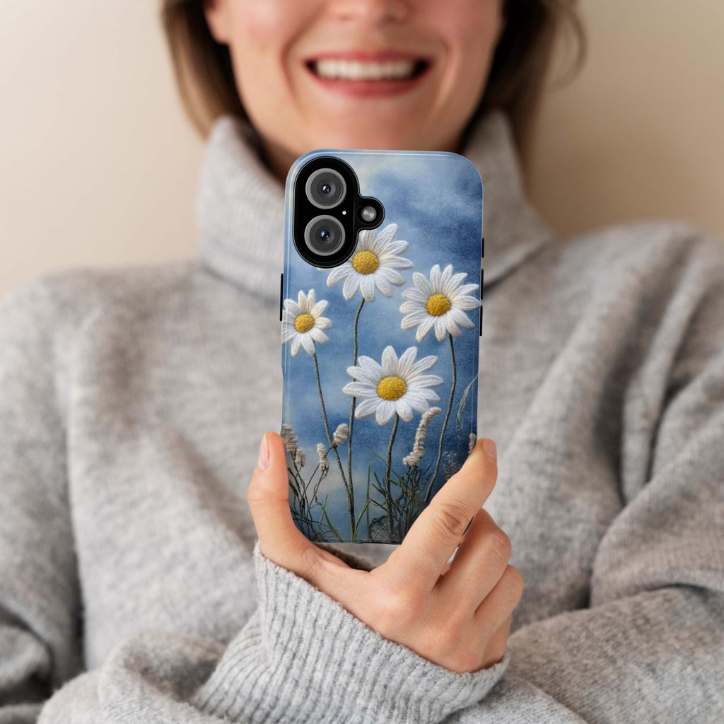 Daisy Botanical Floral Phone Case, 3D Felt Textured White Floral Phone Case for iPhone 16 15 14 13 Tough or Magsafe, Samsung, 476.1