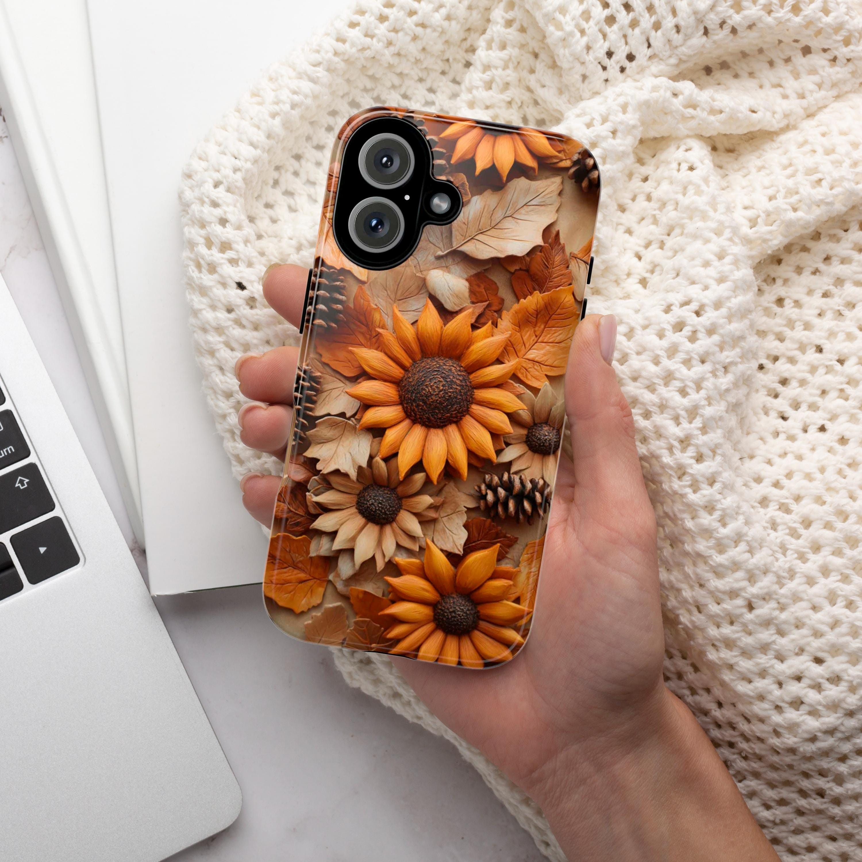 3D Sunflower Art Phone Case, Pastel Artistic Bloom Design for iPhone 16 15 14 13 Pro Max Plus Magsafe, Samsung S24, 439.6