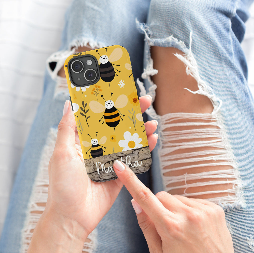 Personalized Honeycomb Bee Phone Case, Floral Bees Phone Case, Aesthetic Phone Case for iPhone 15 14 13 12 11 Pro Max Plus/Samsung Galaxy
