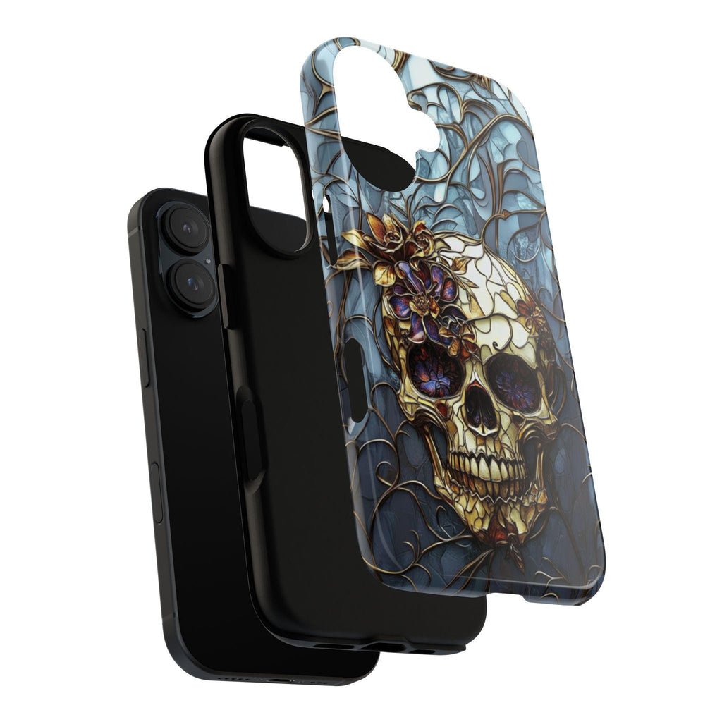 Stained Glass Dark Gothic Skull & Floral Phone Case, Dark Fantasy Art Design Phone Case for iPhone 16, Samsung S25, Pixel 9, 465.4