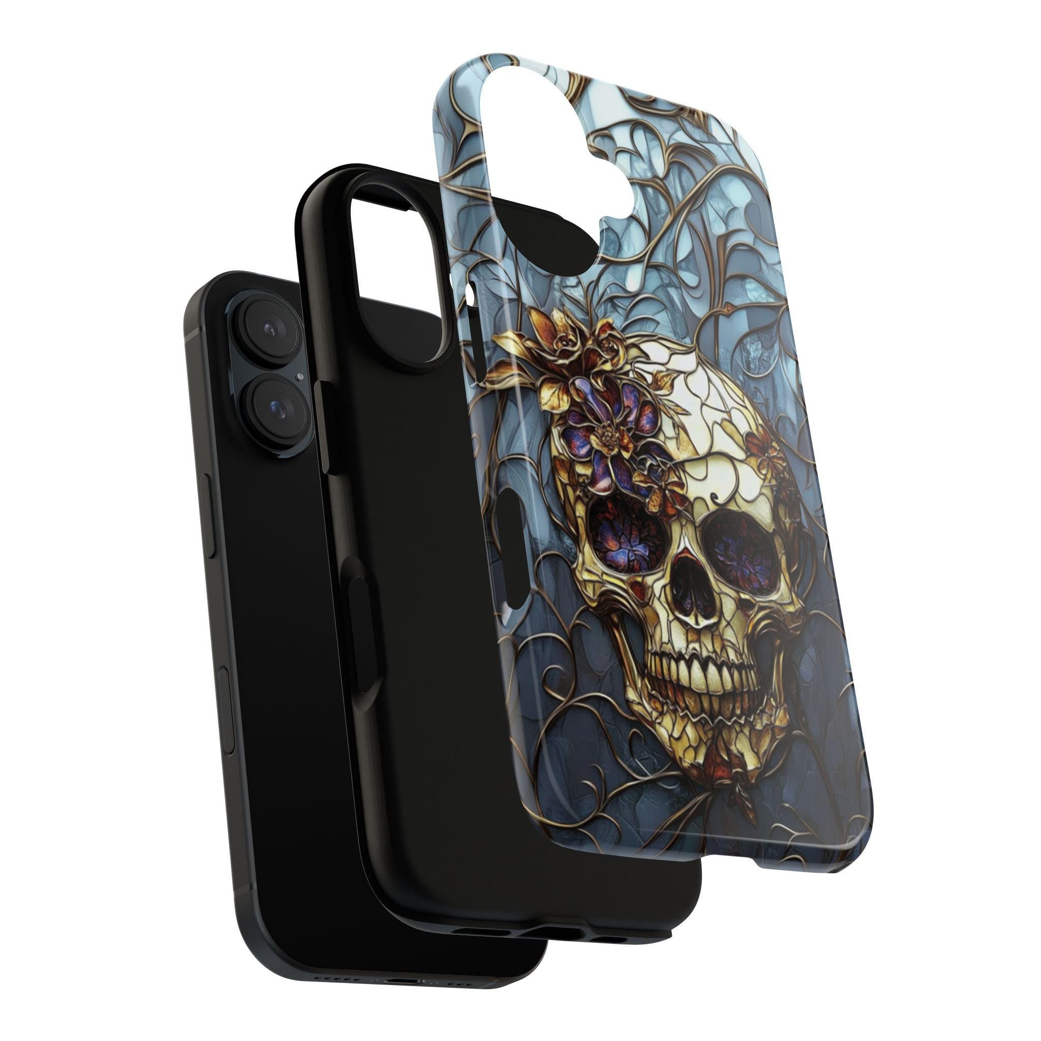 Stained Glass Dark Gothic Skull & Floral Phone Case, Dark Fantasy Art Design Phone Case for iPhone 16, Samsung S25, Pixel 9, 465.4