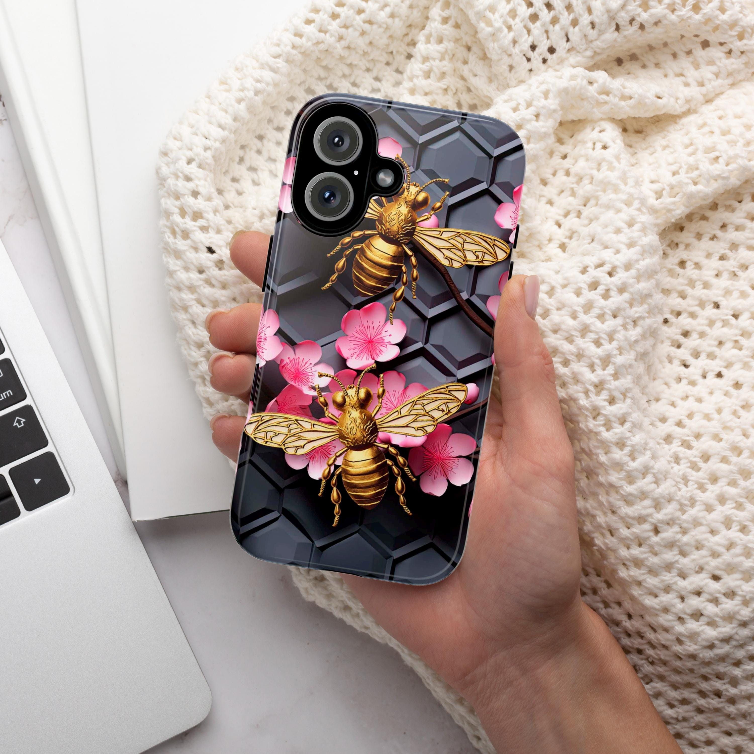 Bumble Bee Floral Lover Phone Case, Honeycomb Bees Phone Cover, Honey Bee Case for iPhone 16 15 14 13 Magsafe / Samsung S25, 102.5