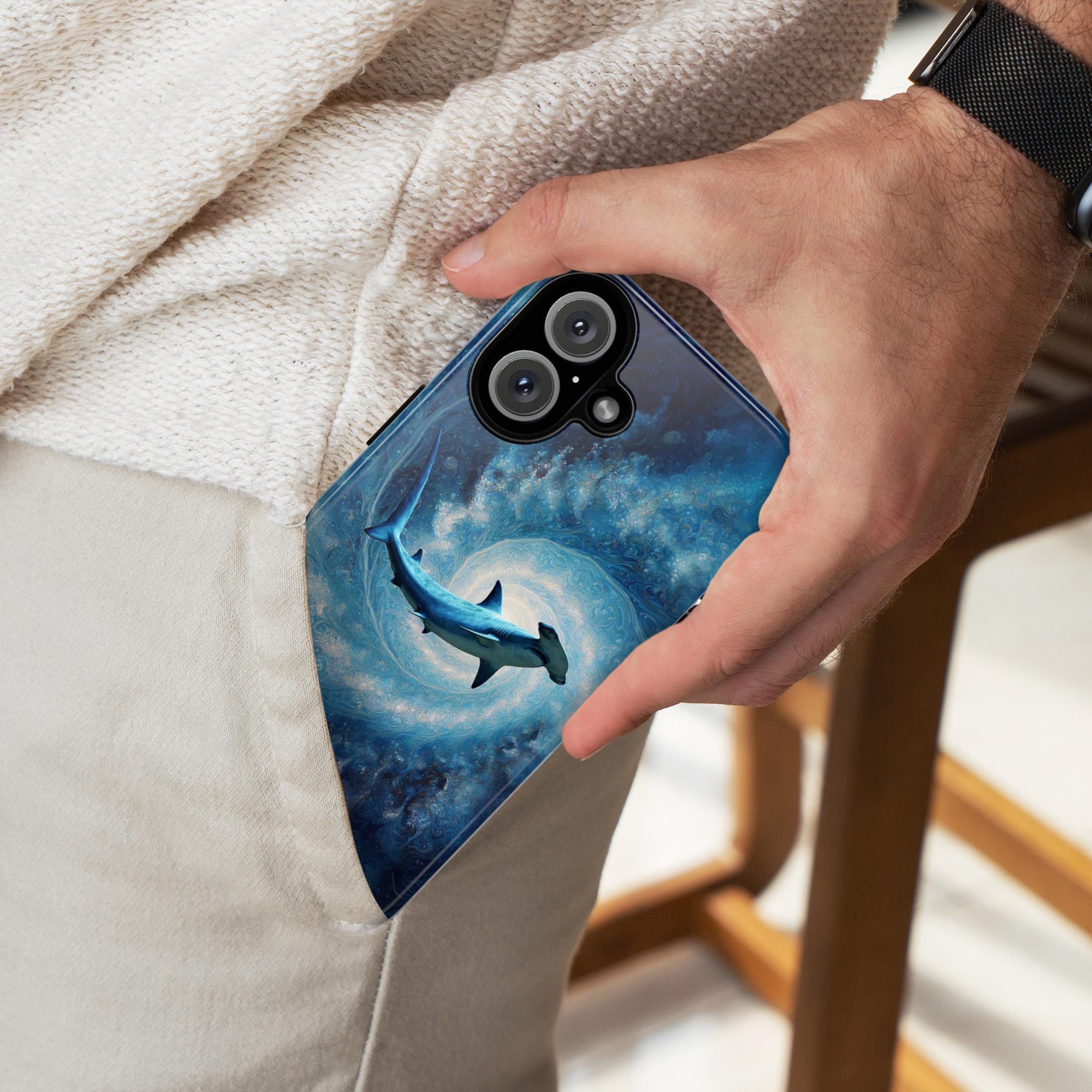 Ocean Inspired Phone Case with Shark Design, Blue Aesthetic Protective Cover, Unique Marine Life Gift for iPhone and Android Models, 466.11