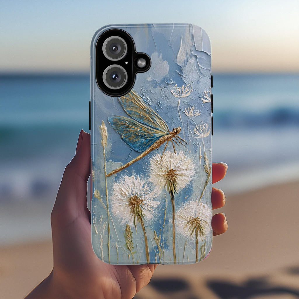 Dragonfly and Dandelion Phone Case with Oil Painting Effect, Nature Artistic Botanical Cover for iPhone Tough or Magsafe, Samsung, 476.25