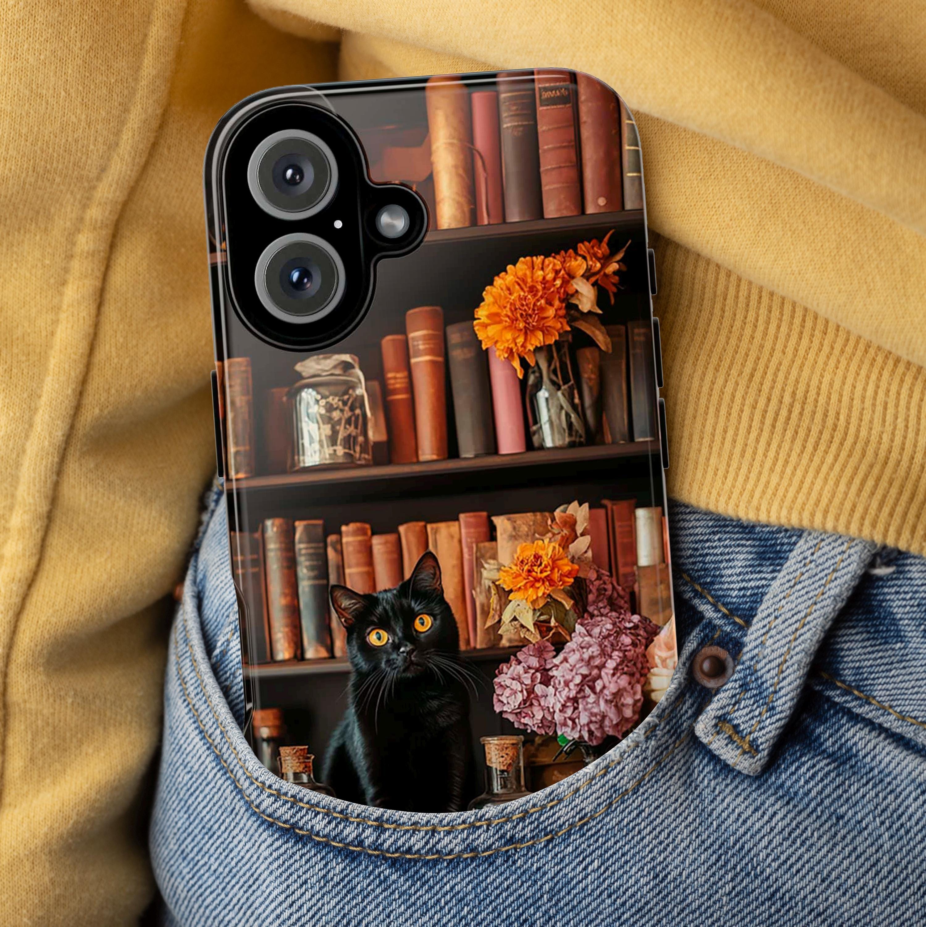 3D Black Cat with Autumn Bookshelf and Flowers Phone Case, Gothic Dark Academia, Mystical Cat and Floral Art for iPhone 16, Samsung, Pixel