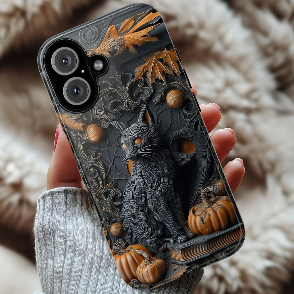 Black Cat & Pumpkin Phone Case, Halloween Fantasy Gothic Design, Spooky Artistic for iPhone 16 15 14 Tough or Magsafe, Samsung, 475.19
