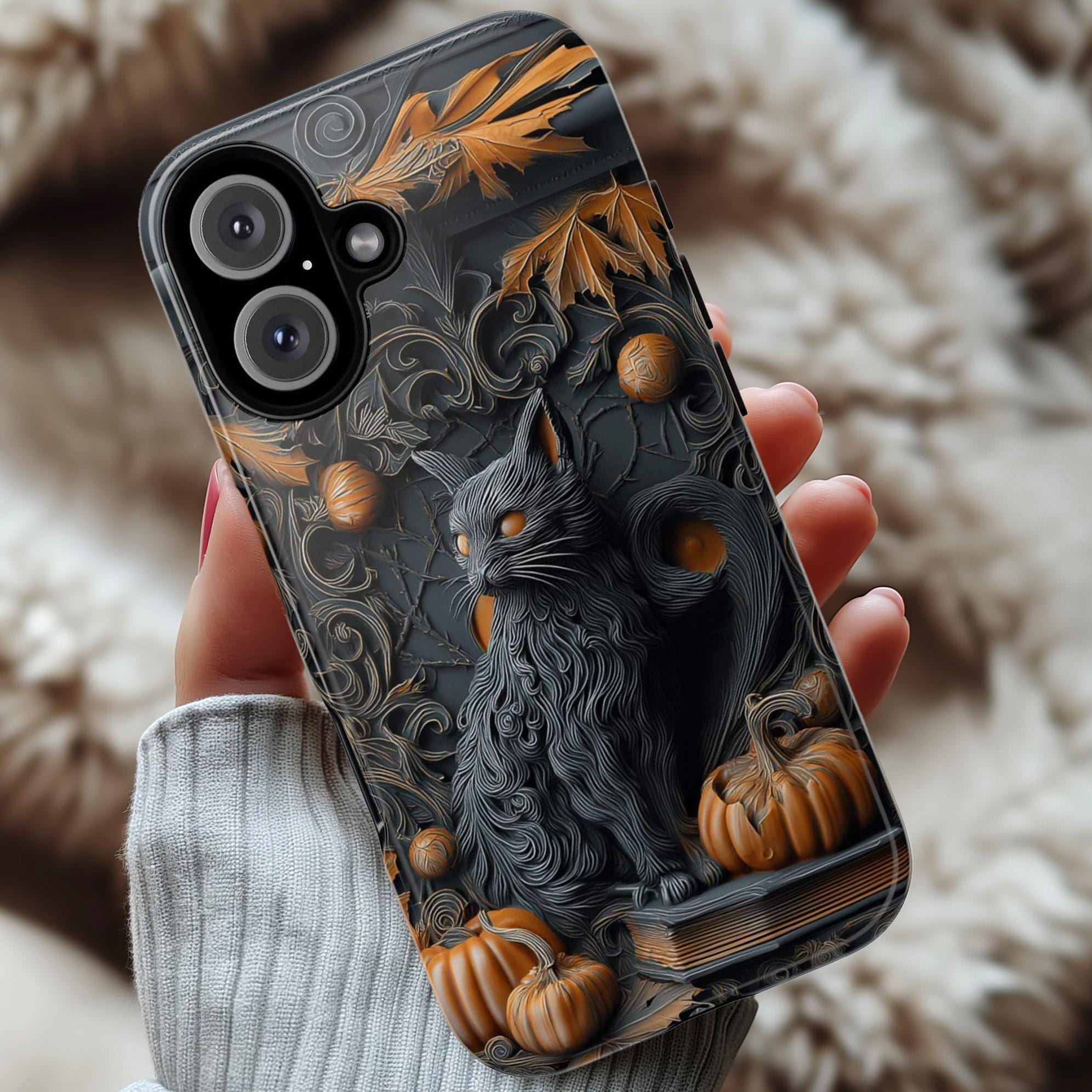 Black Cat & Pumpkin Phone Case, Halloween Fantasy Gothic Design, Spooky Artistic for iPhone 16 15 14 Tough or Magsafe, Samsung, 475.19