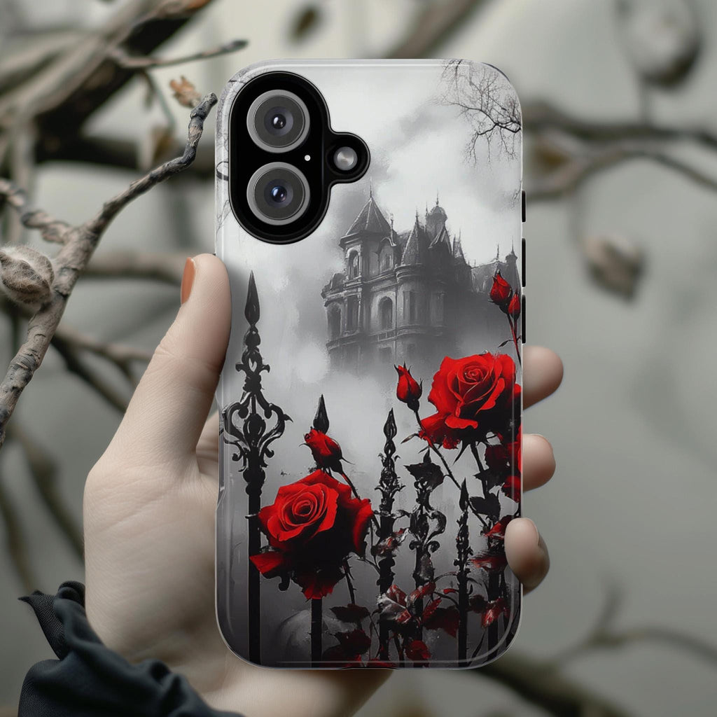 Gothic Castle & Red Roses Floral Fantasy Art, Dark Aesthetic Design, Elegant Gothic Accessory for iPhone 16, Samsung S25, Pixel 9, 463.4