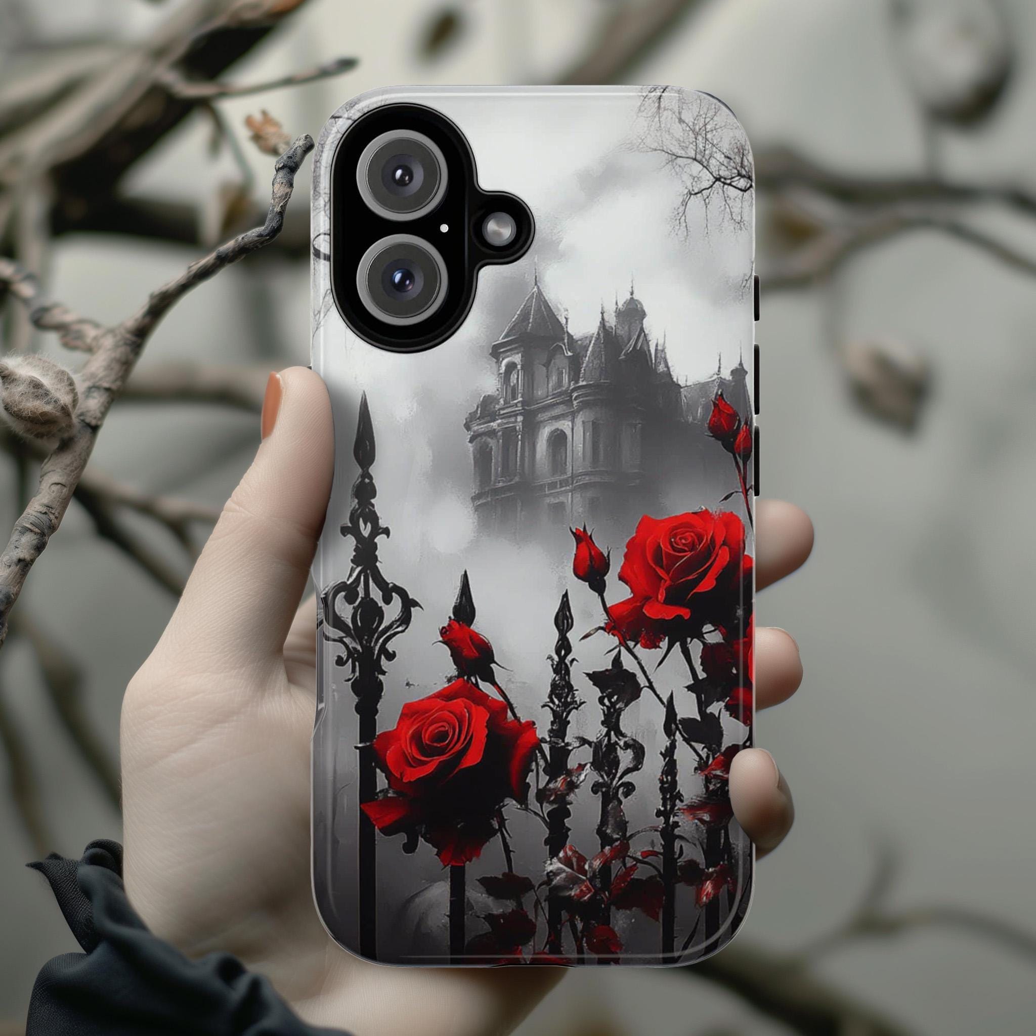 Gothic Castle & Red Roses Floral Fantasy Art, Dark Aesthetic Design, Elegant Gothic Accessory for iPhone 16, Samsung S25, Pixel 9, 463.4