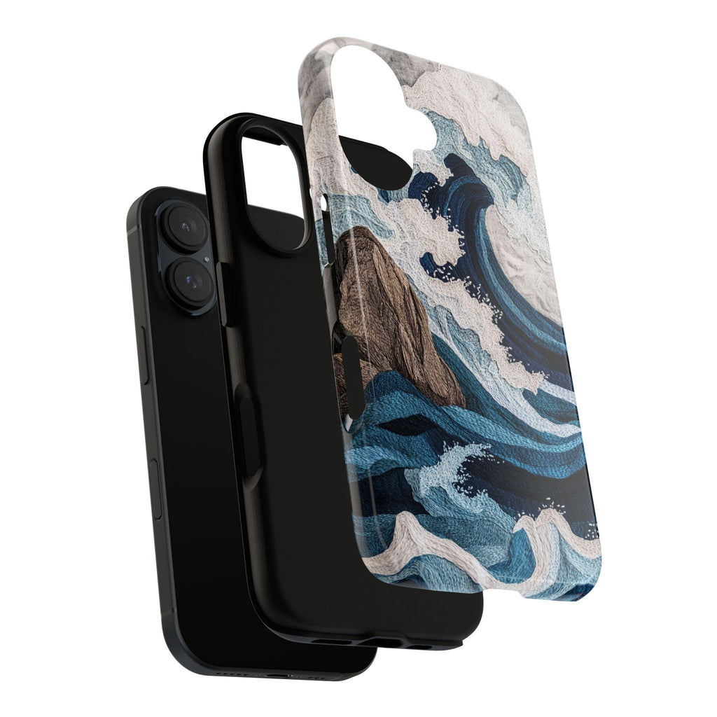 Ocean Waves Embroidery 3D Phone Case, Cozy Marine Life Design, Fine Art Aesthetic Phone Case for iPhone 16 15 14 13 / Samsung S24, 453.5