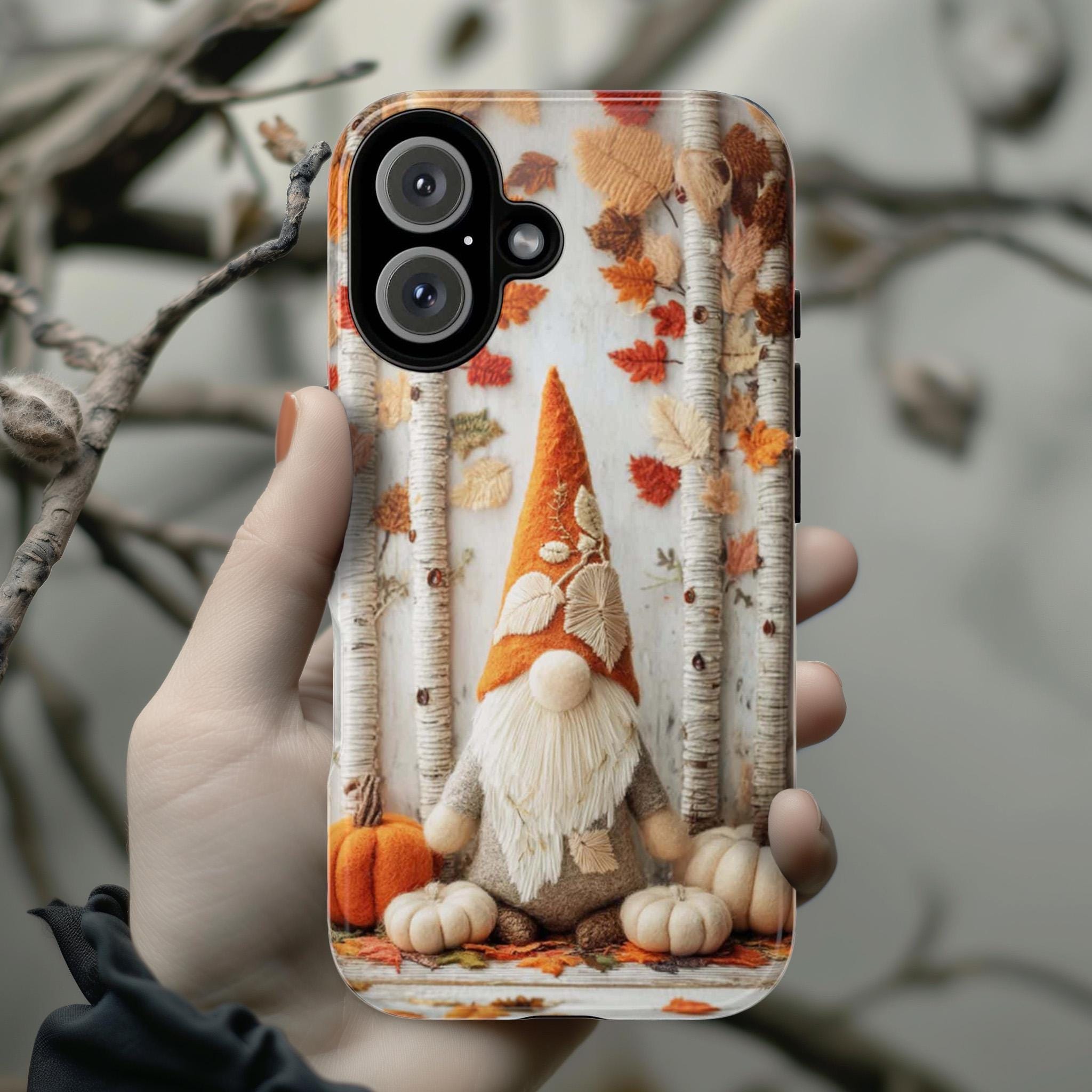 Cute Autumn Gnome Phone Case, Fall Forest White Birch Trees & Pumpkins Cover for iPhone 16 15 Tough or Magsafe, Samsung, 452.22