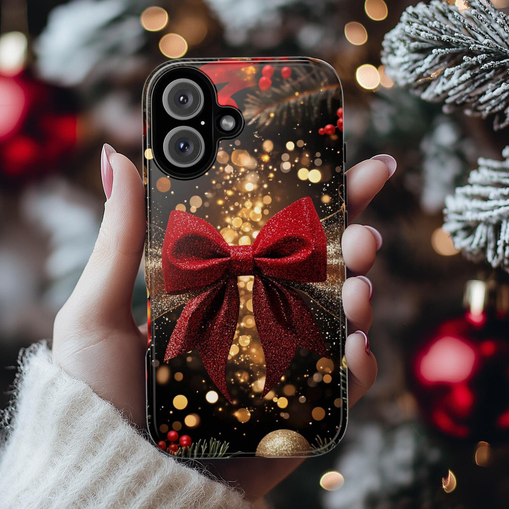 New Year's Eve party Phone Case | Red Gold Glitter Bow Phone Cover, Luxury Bow for iPhone 16 15 14 13 Magsafe of Tough Case, Samsung, 437.6