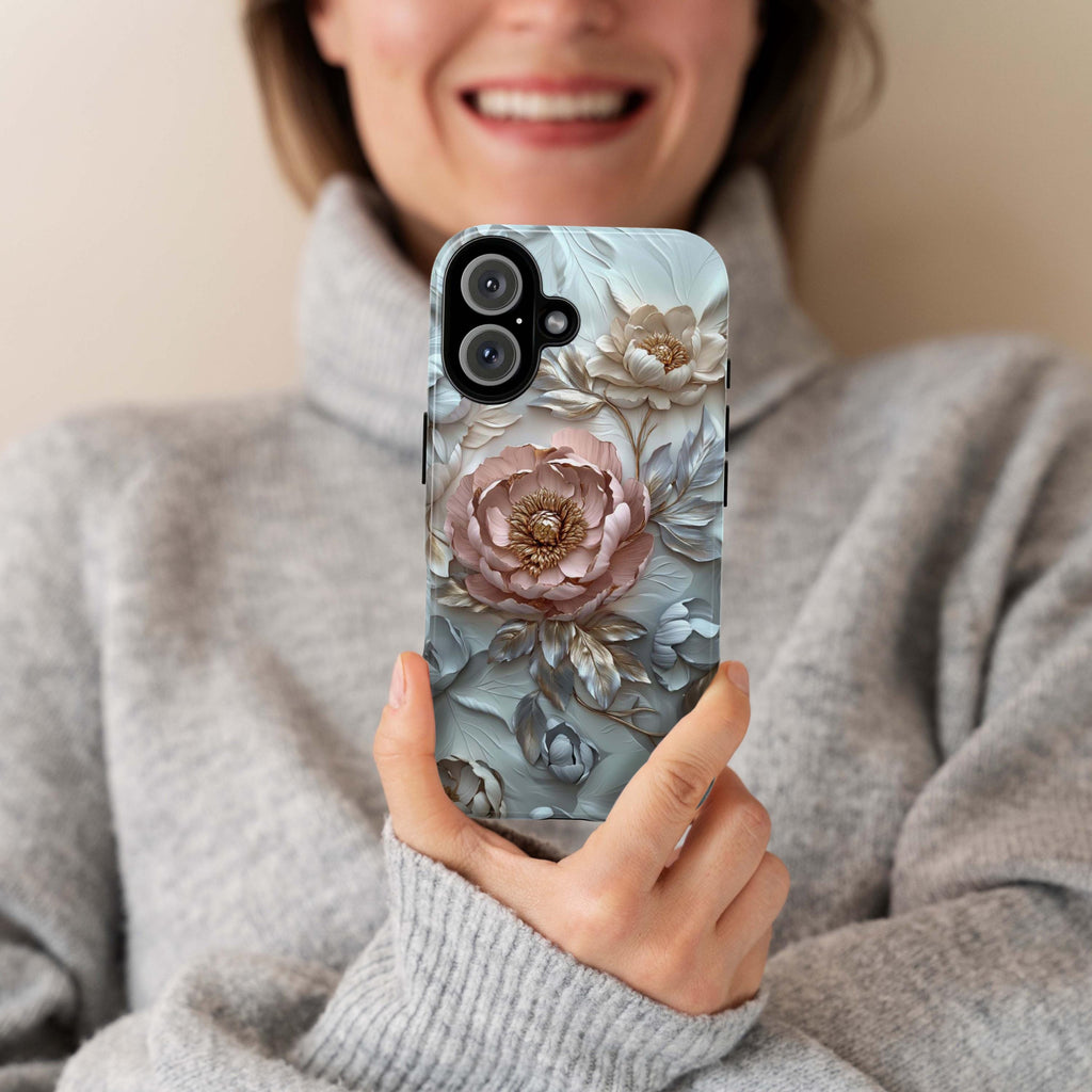 3D Pastel Peonies Flowers Phone Case, Boho Floral Artistic Protective Cover for iPhone 16, 15, 14, 13 Tough or Magsafe, Samsung, 439.36