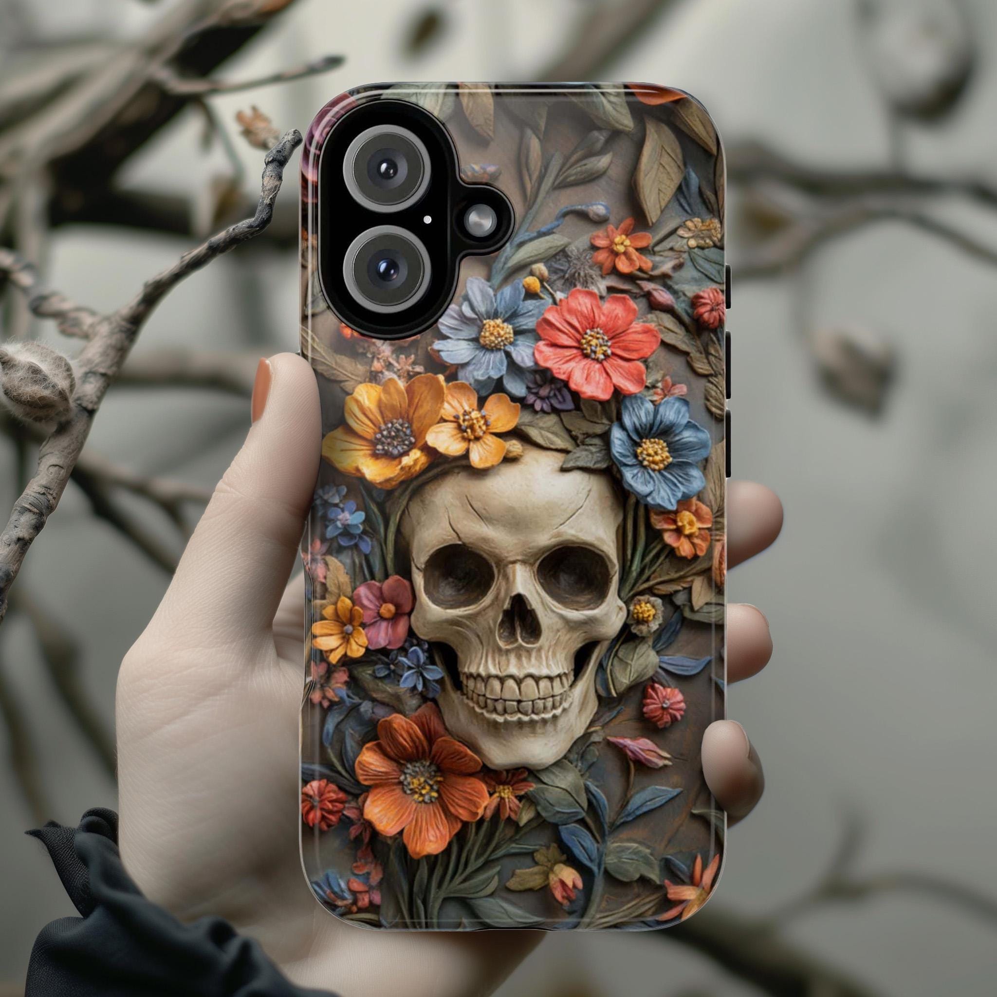 3D Dia de los Muertos Flora Skull Phone Case, Anatomical Gothic Botanical Phone, Halloween-Inspired Cover for iPhone & Samsung, 435.4