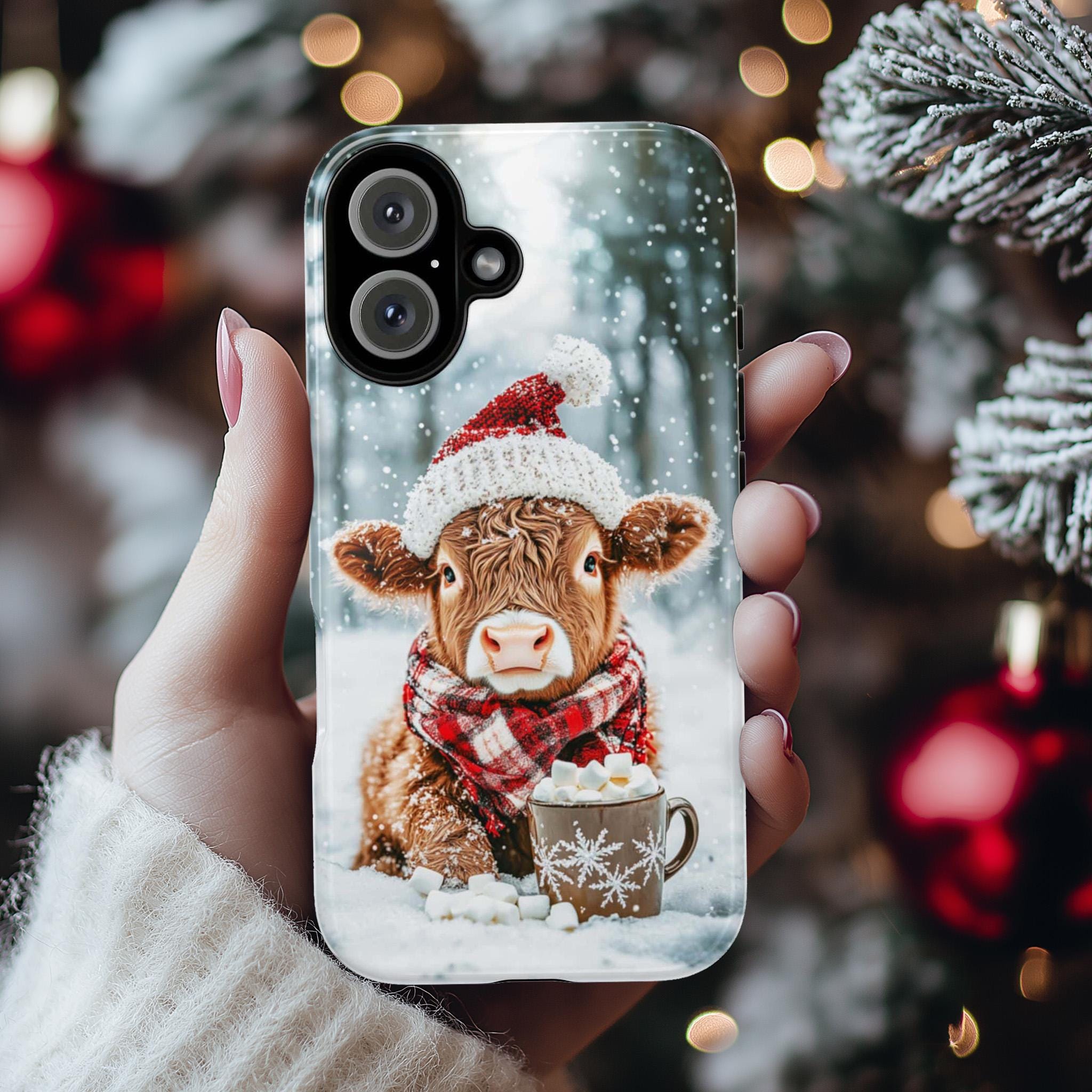 Christmas Highland Cow & Winter Forest Phone Case, Festive Xmas Hot Chocolate Marshmellow iPhone 16 15 14 13 Pro Max, Samsung S24, 440.4