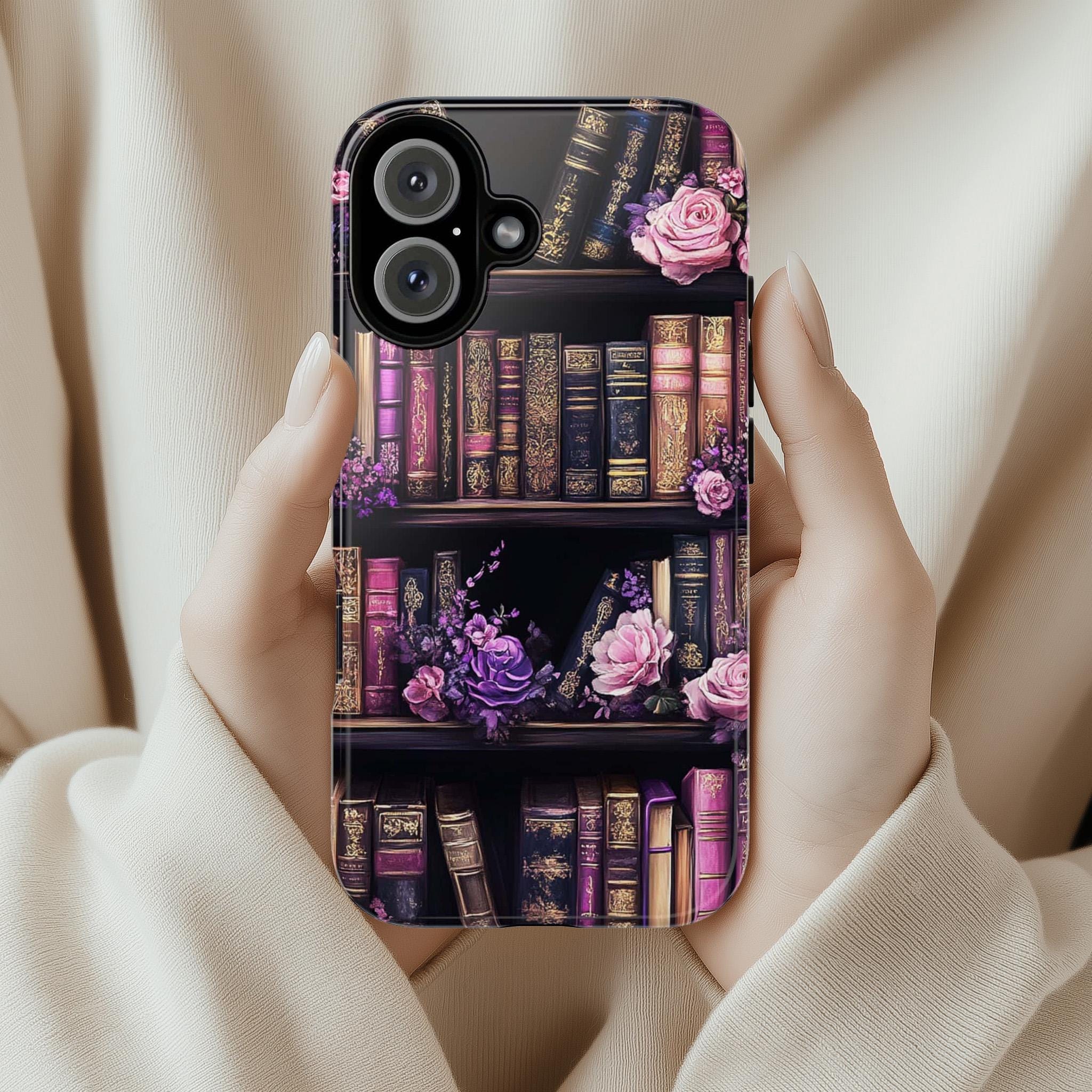 Gothic Dark Academia Floral Bookcase Phone Case, Vintage Book Lover Gift for iPhone 16 Pro Max 15 14 13 Plus, Samsung S24 S25 Ultra, 423.1