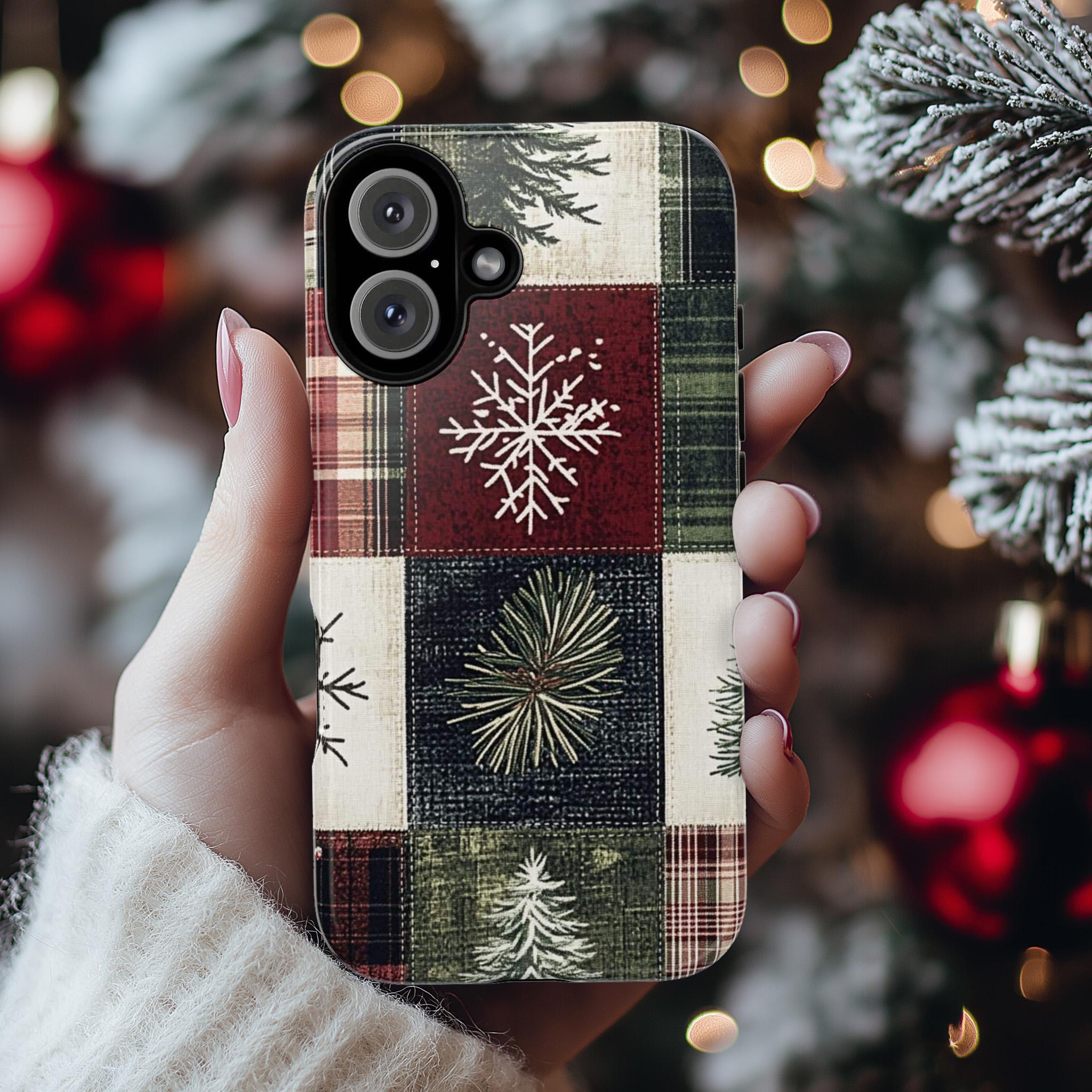 Cozy Xmas Plaid Phone Case, Festive Christmas Holiday Checkered Snowy Phone Cover for iPhone 15 14 13 12 Pro Max Plus, Galaxy S25, 426.2