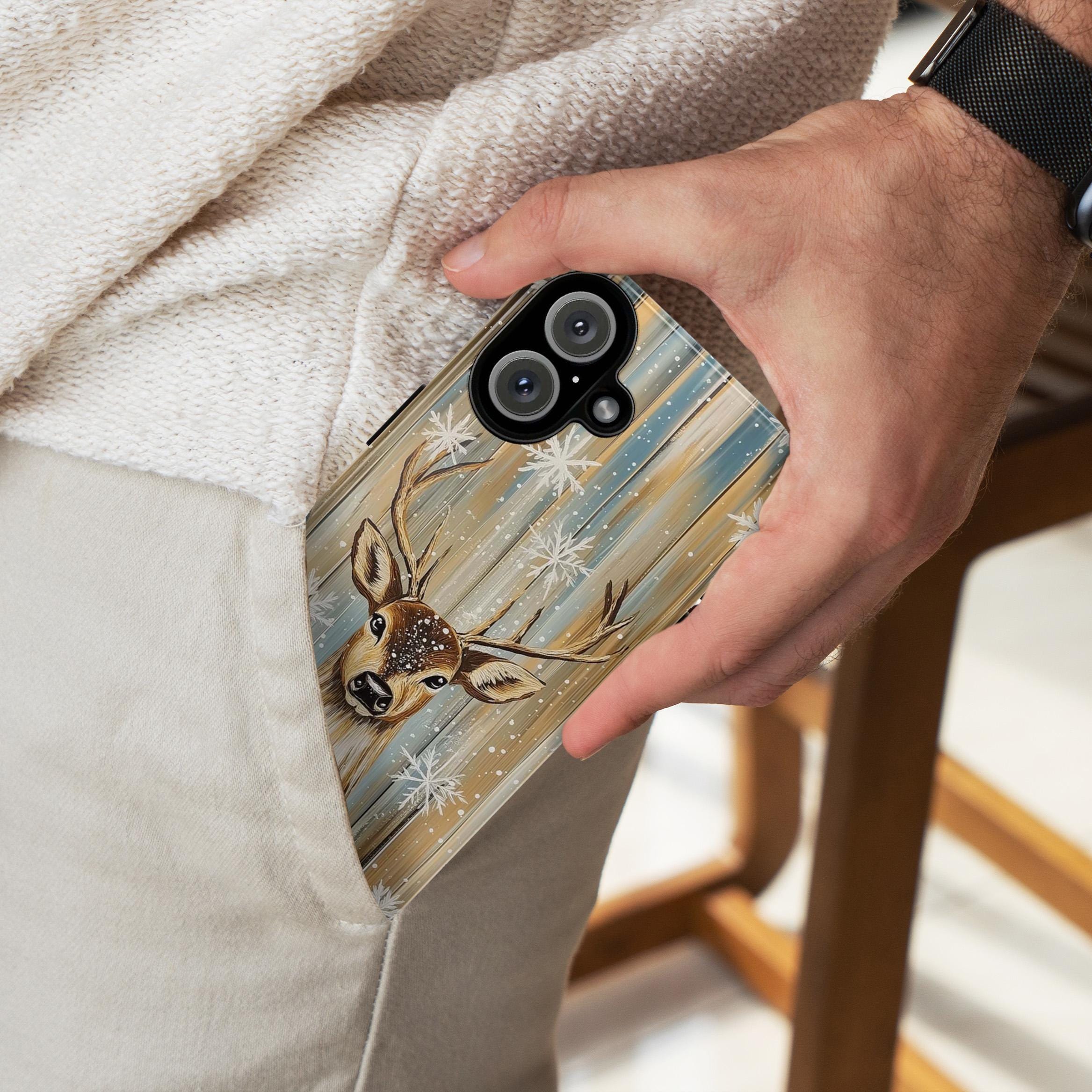 Christmas Reindeer Phone Case | Snowy Golden White Holiday Design, Xmas Cover for iPhone 17 16 15 Tough or Magsafe, Samsung, 440.7