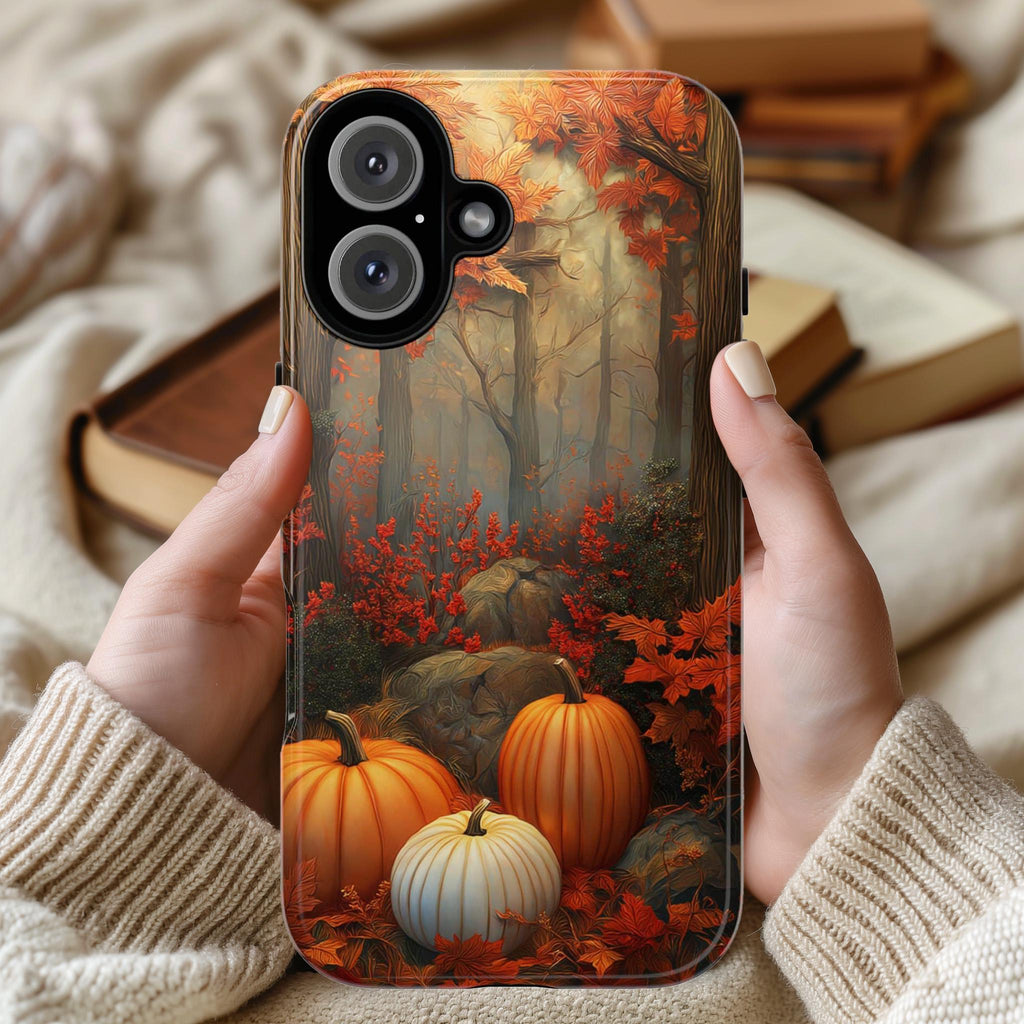 Autumn Pumpkin Forest Phone Case, Fall Natural Woodland Seasonal Fall Leaves Cover for iPhone 16 15 14 Tough or Magsafe, Samsung, 475.18