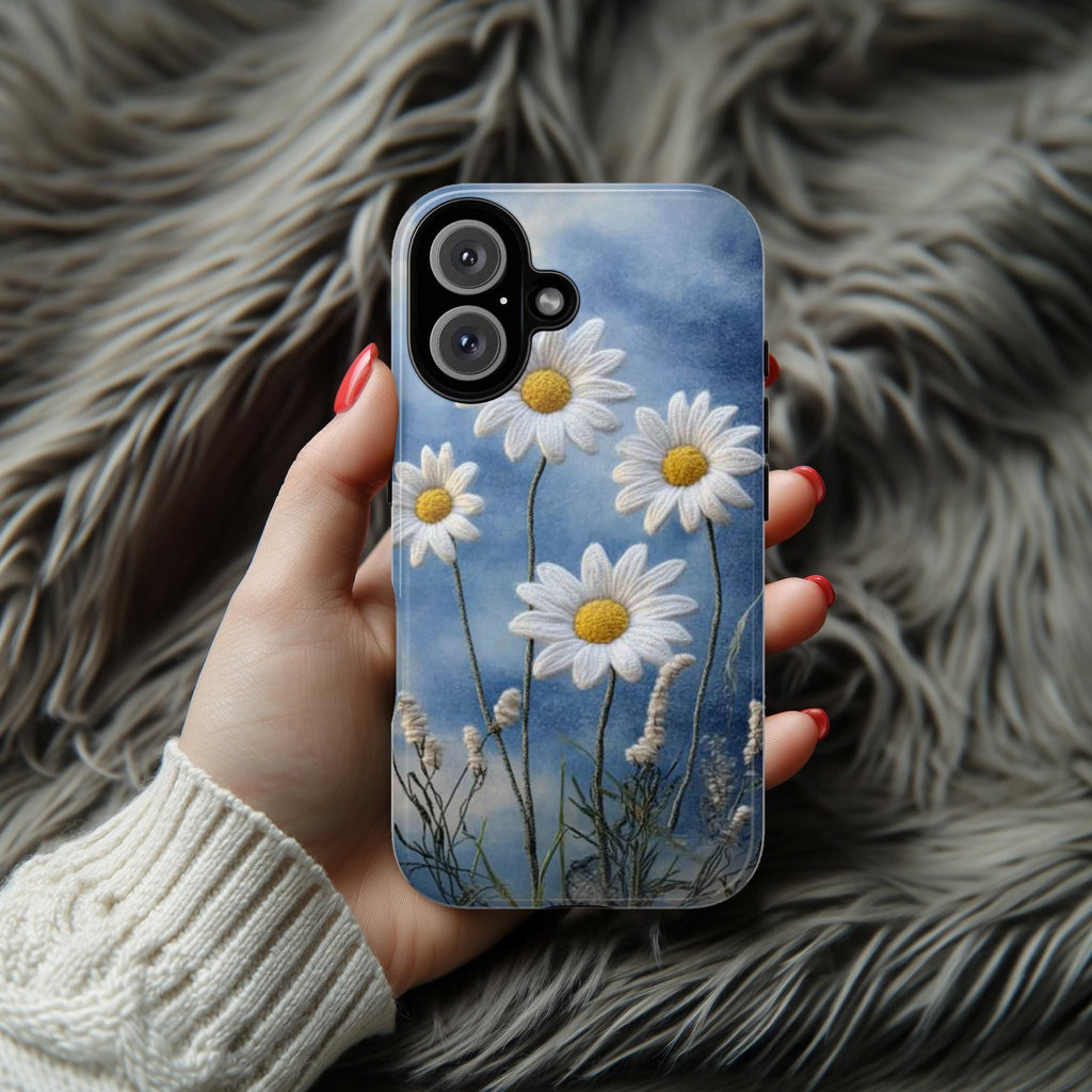 Daisy Botanical Floral Phone Case, 3D Felt Textured White Floral Phone Case for iPhone 16 15 14 13 Tough or Magsafe, Samsung, 476.1